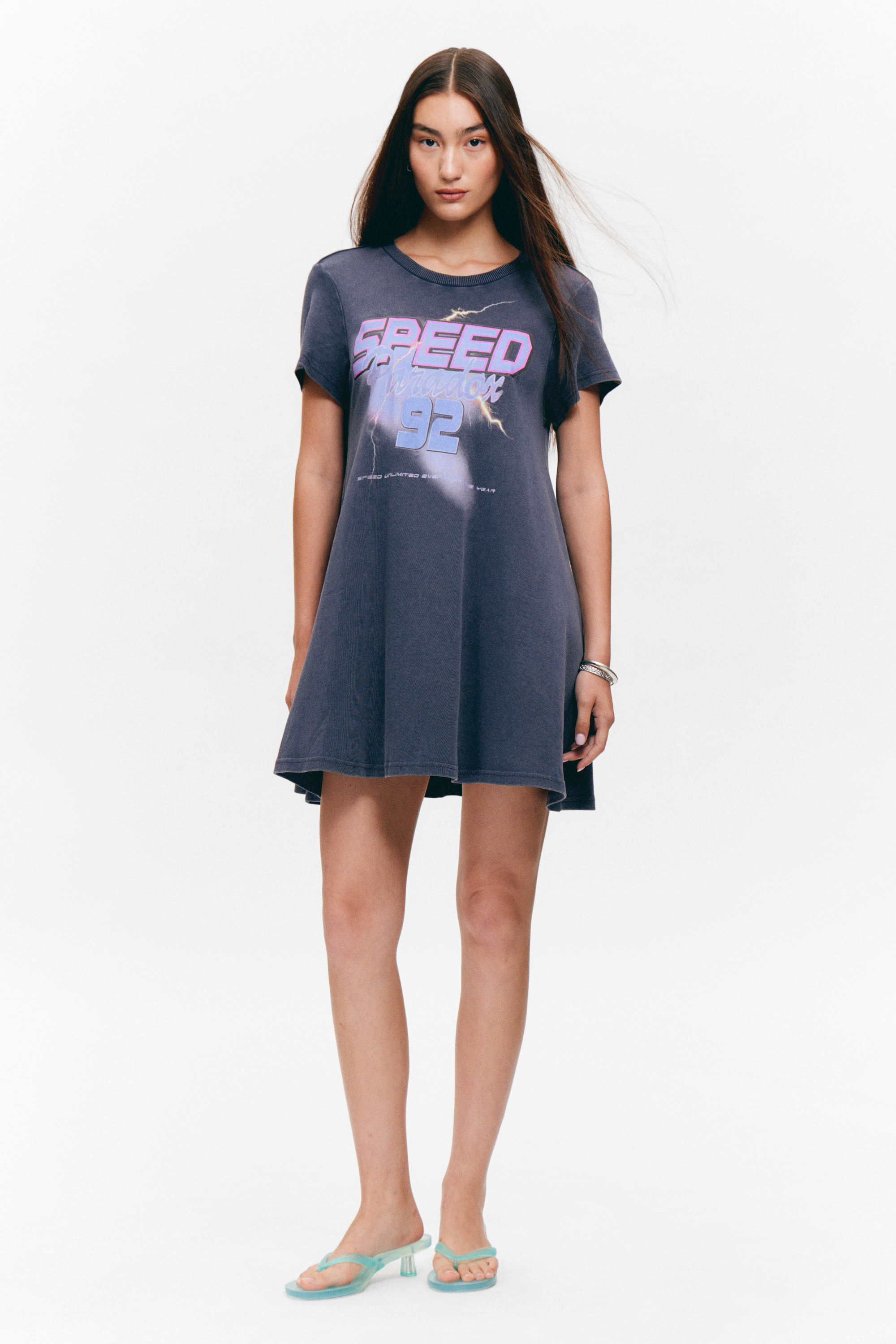 Washed Blue - Speed Paradox - Short-Sleeved A-line Tee Dress - 1