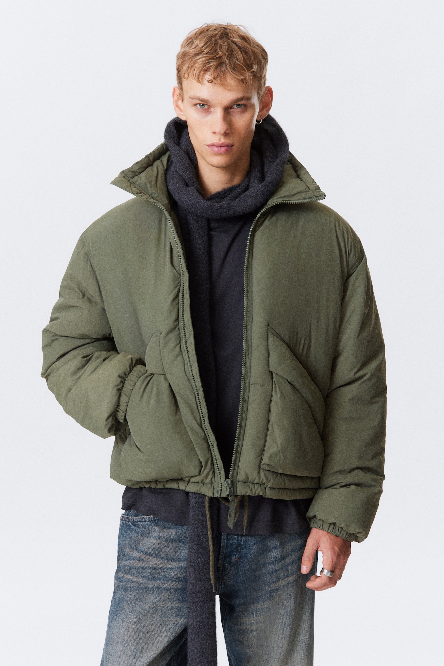 Drawstring Nylon Puffer Jacket - Sage Green/Black - 6