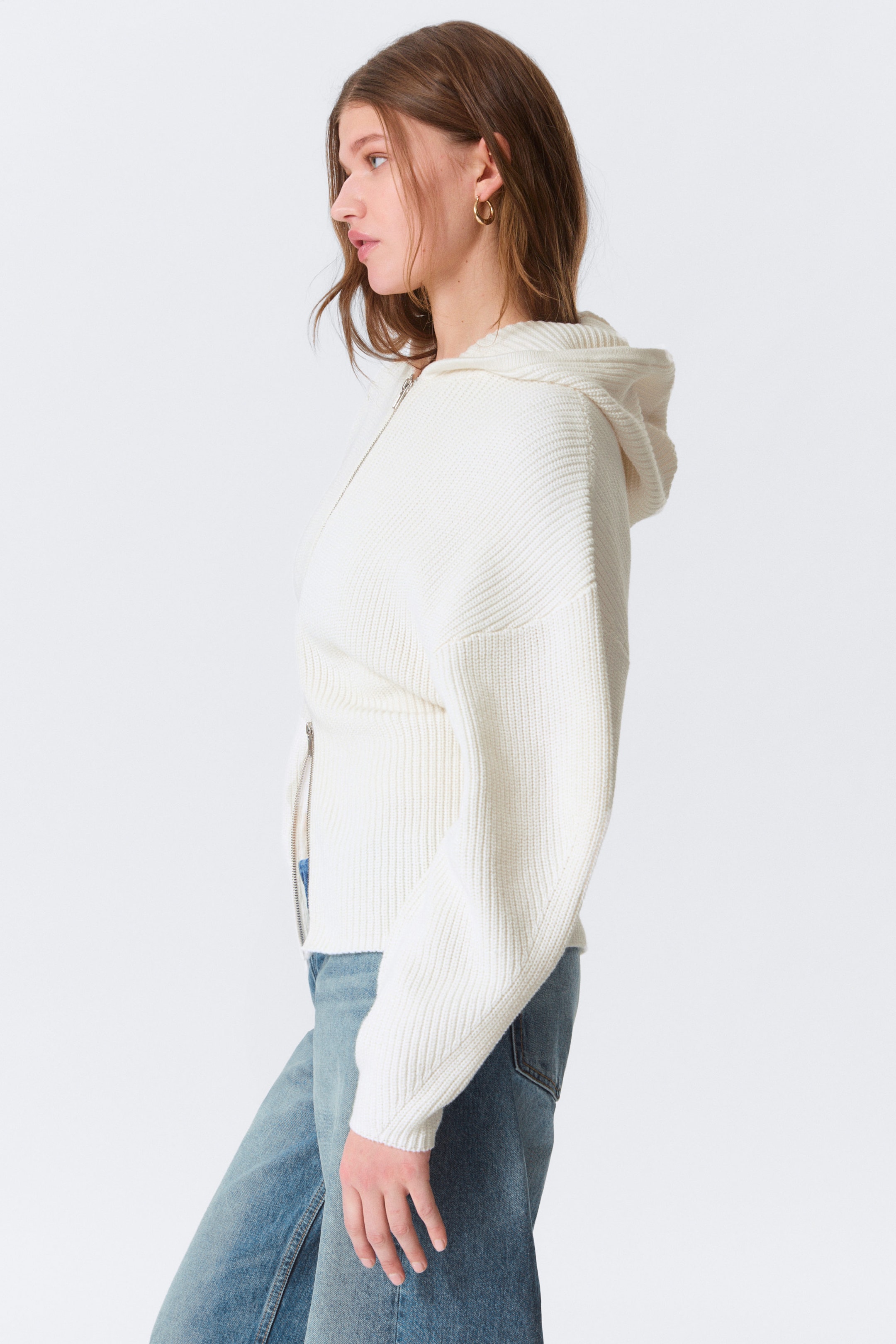Vit - Lång stickad zip-hoodie - 2