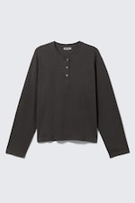 Dark Grey - Boxy Long-Sleeved Henley T-shirt - 3