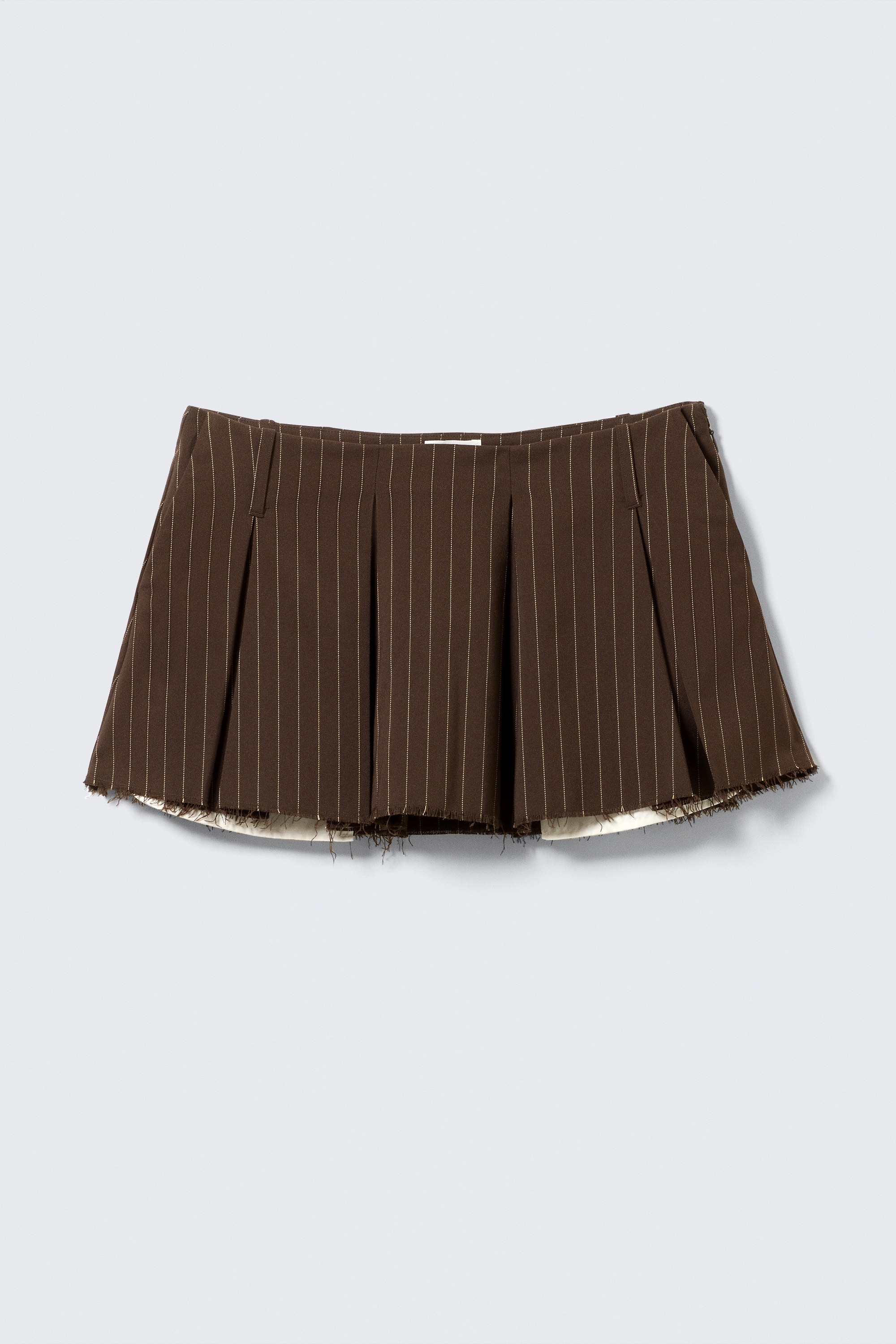 Pleated Mini Suiting Skirt - Striped Dark Brown/Dark Grey Melange