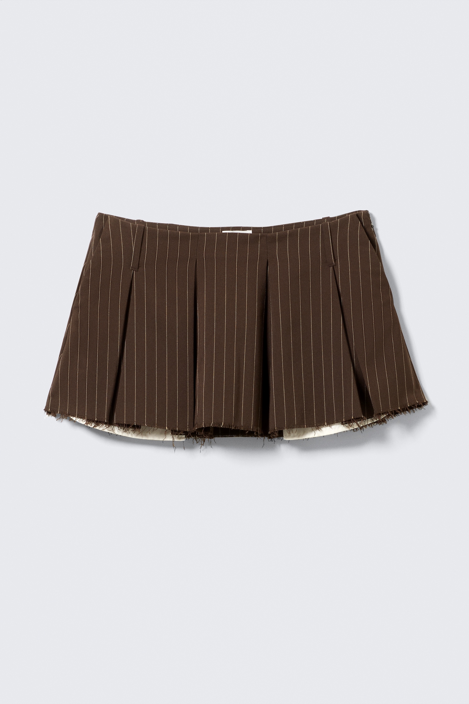 Pleated Mini Suiting Skirt - Striped Dark Brown/Dark Grey Melange - 2
