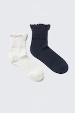 Dark Blue & Grey - 2-pack Frill Edge Cotton-Blend Socks - 0