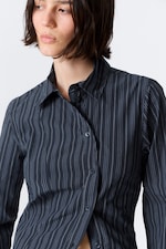 Striped Dark Blue - Asymmetric Fitted Poplin Shirt - 2