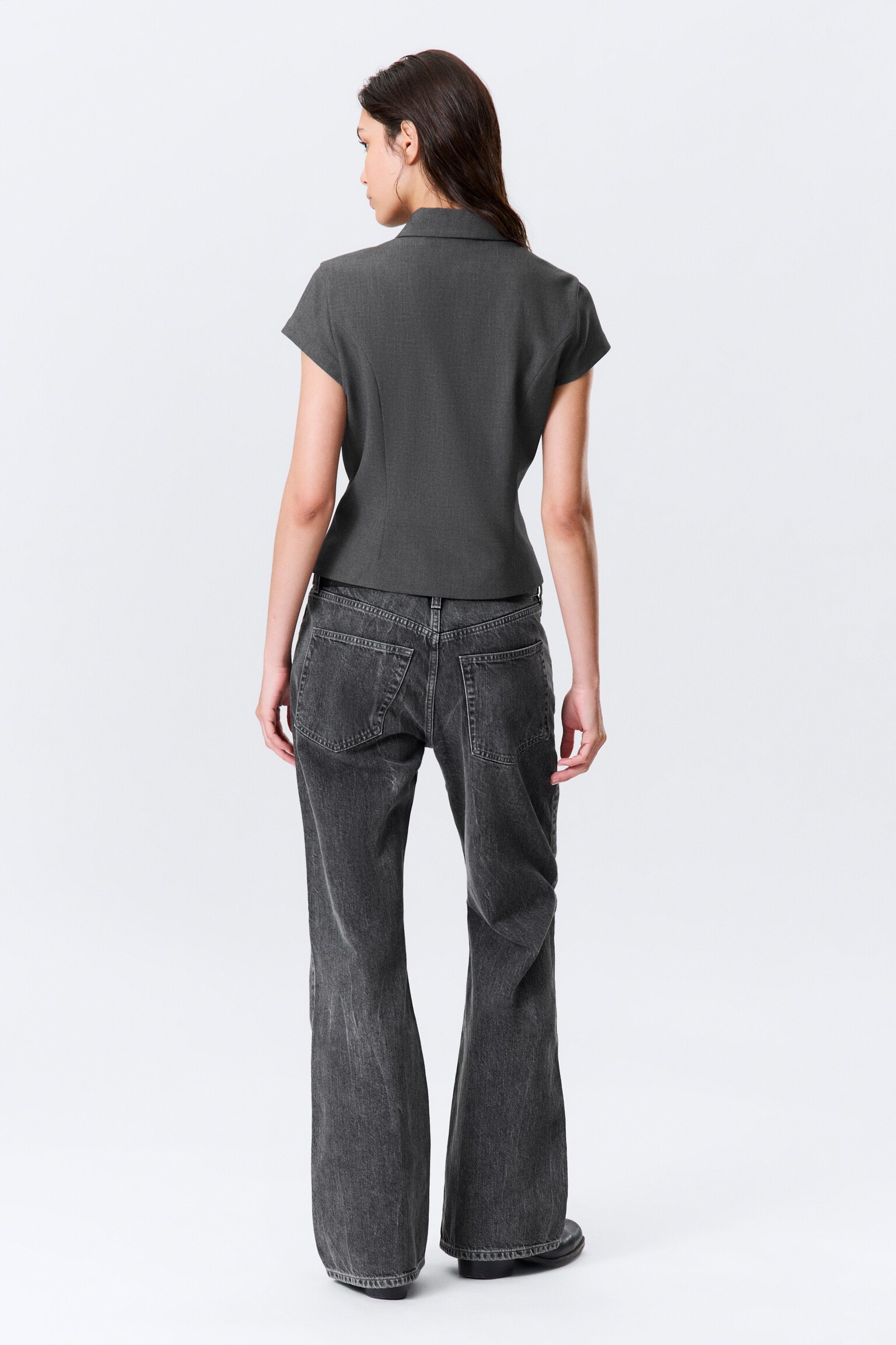 Fitted Short-Sleeved Zip Top - Dark Grey Melange/Black - 4