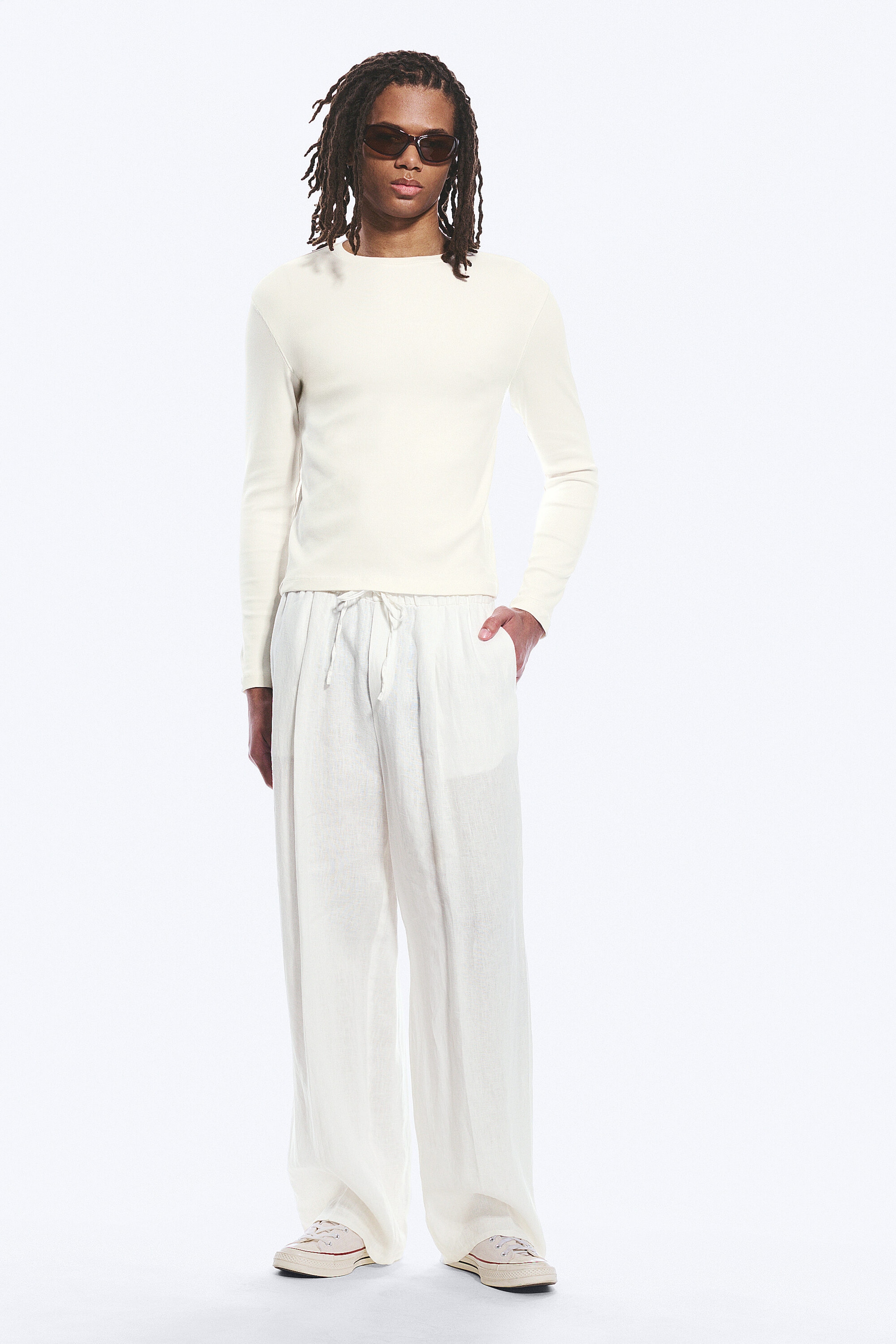 White - Loose Fit Straight Leg Linen Trousers - 1