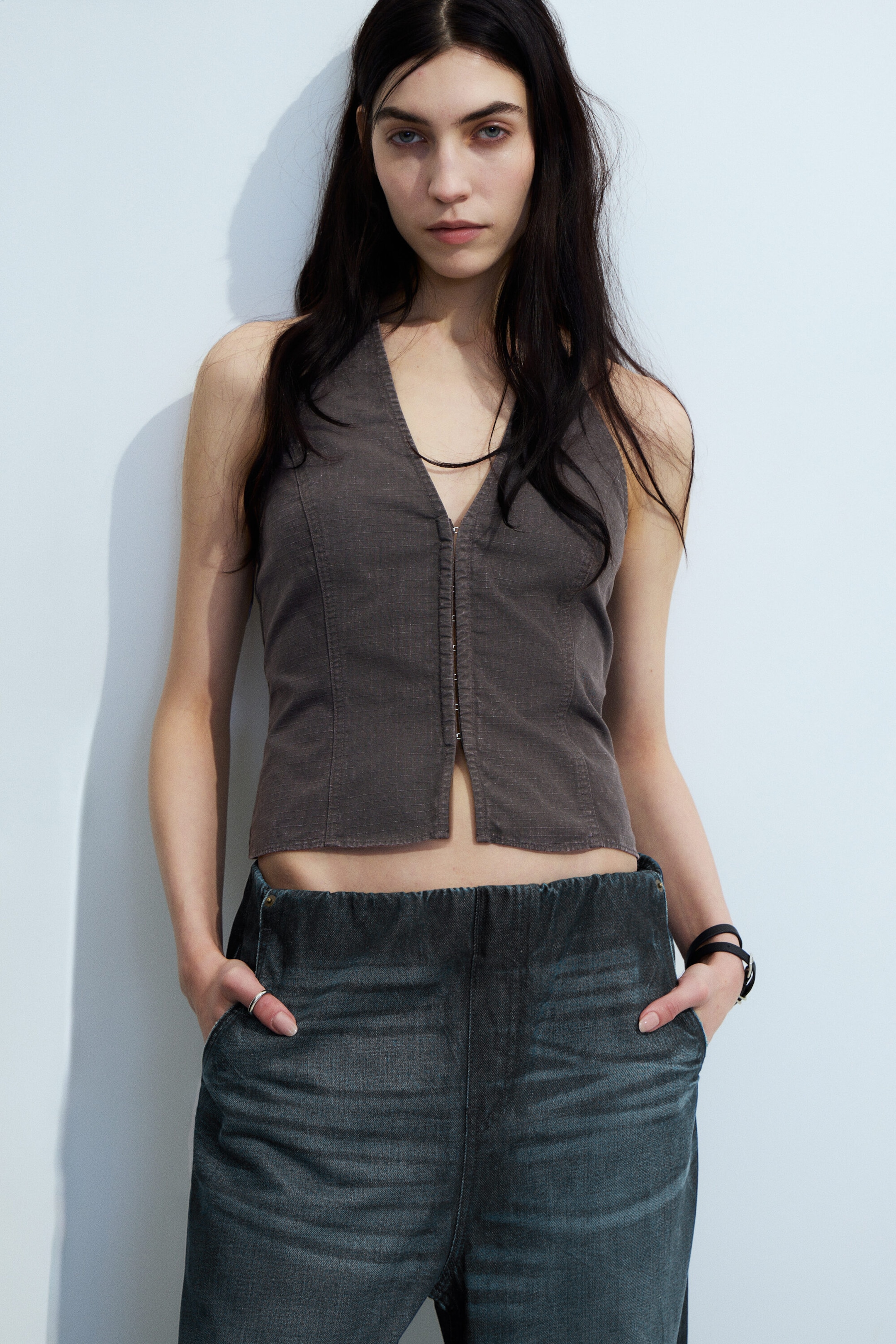 Gris foncé - Haut dos nu col V ripstop - 2