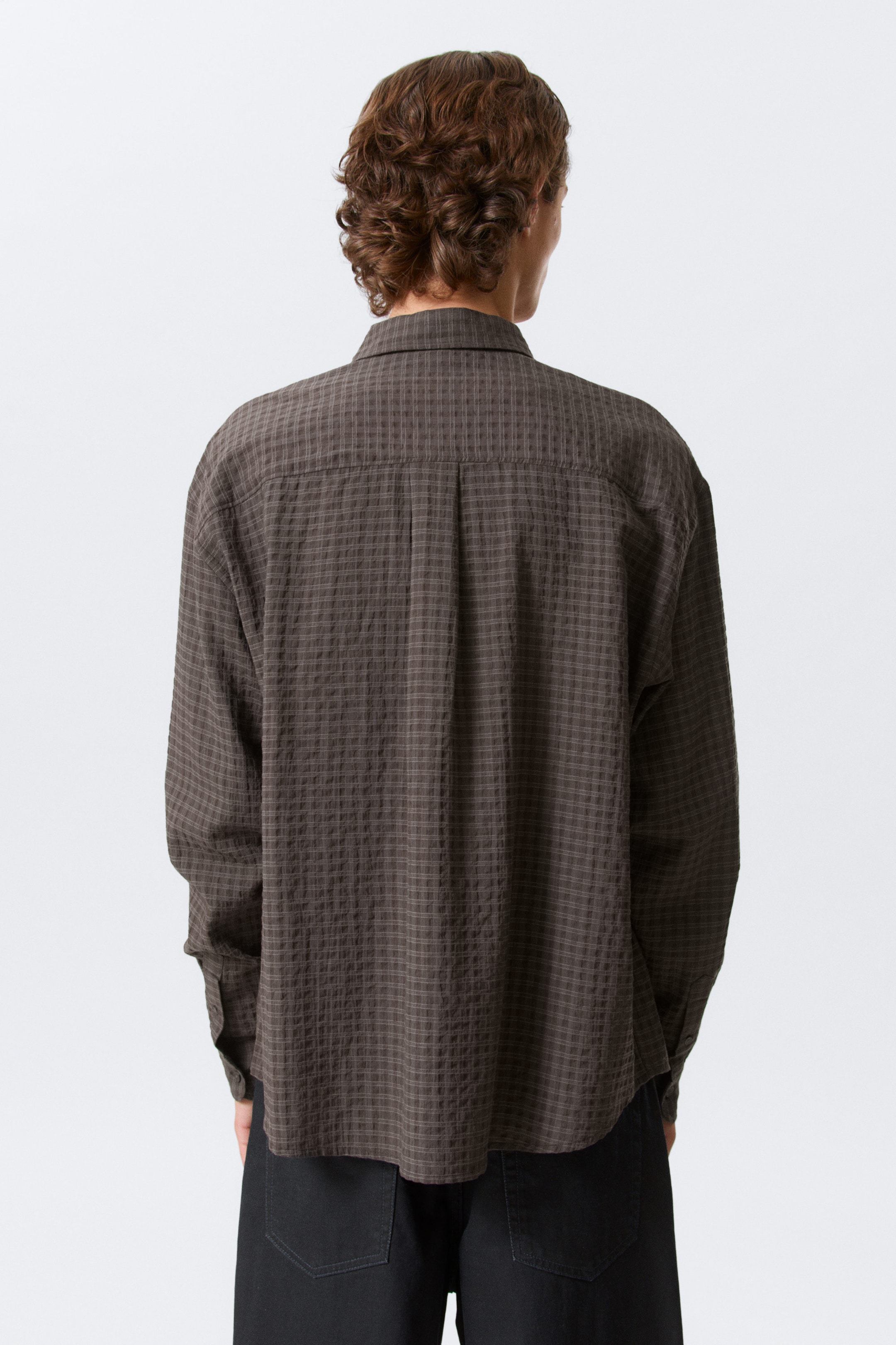 Checked Dark Brown - Loose Structured Button-Down Shirt - 3
