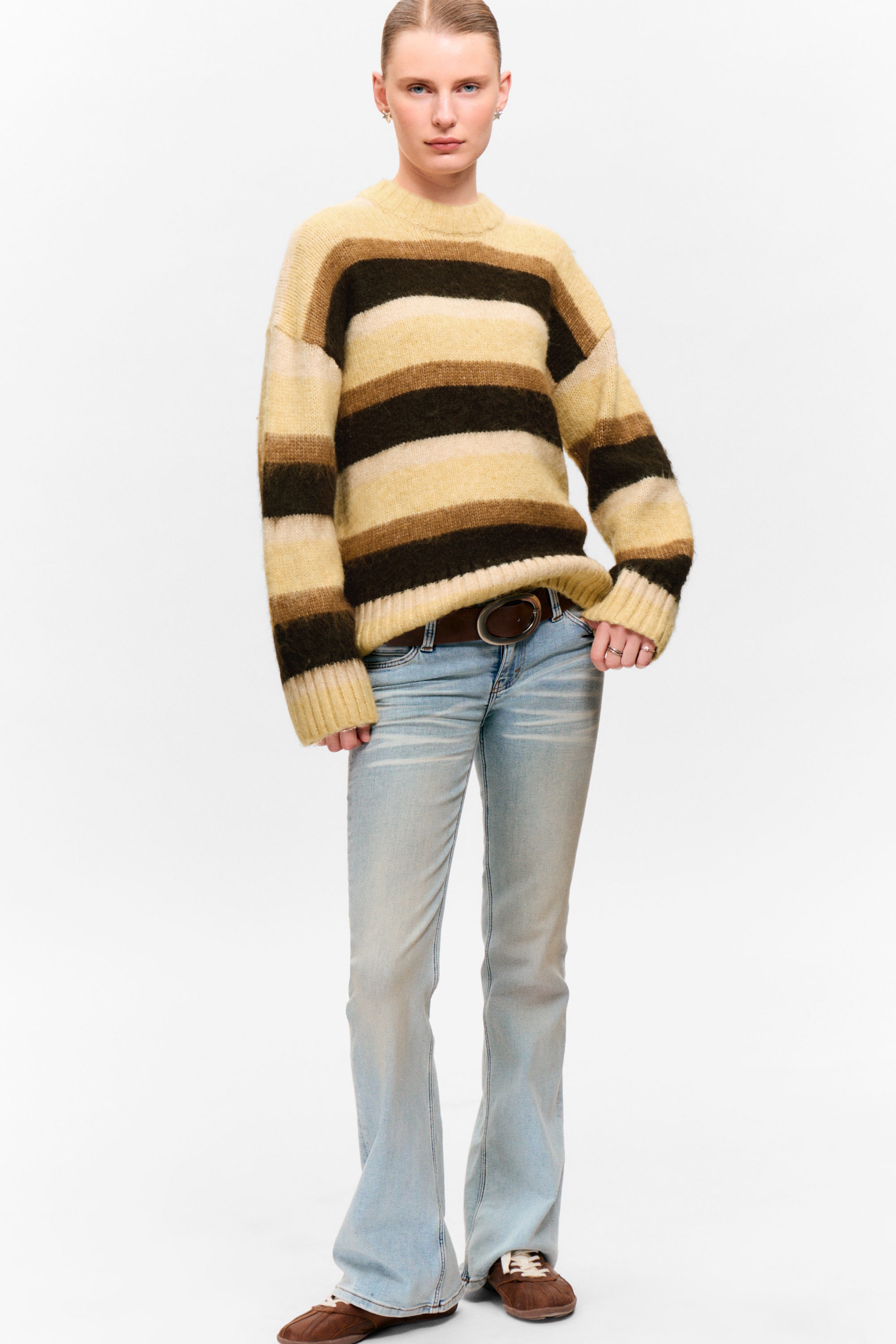 Dusty Yellow & Brown Stripes - Relaxed Fit Fluffy Knit Sweater - 2