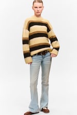 Dusty Yellow & Brown Stripes - Relaxed Fit Fluffy Knit Sweater - 1