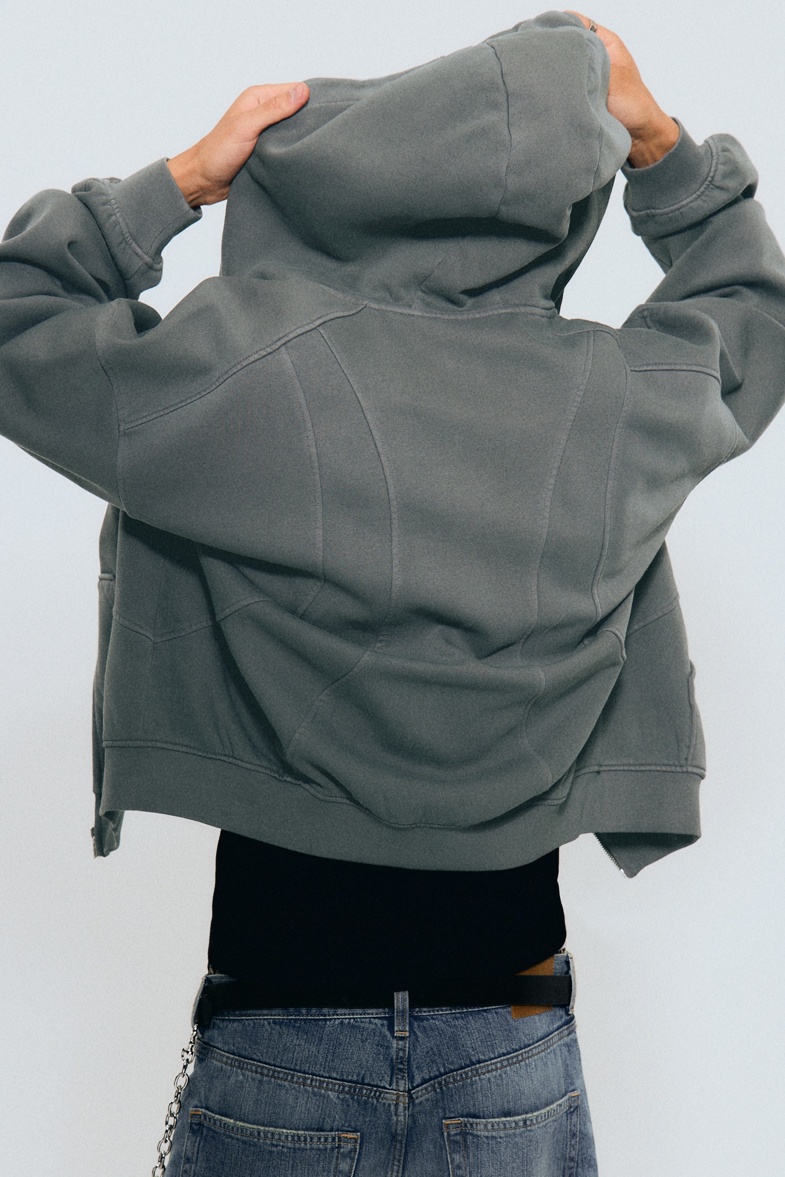Loose Fit Blocked Zip Hoodie - Szürke/Koptatott fekete - 6