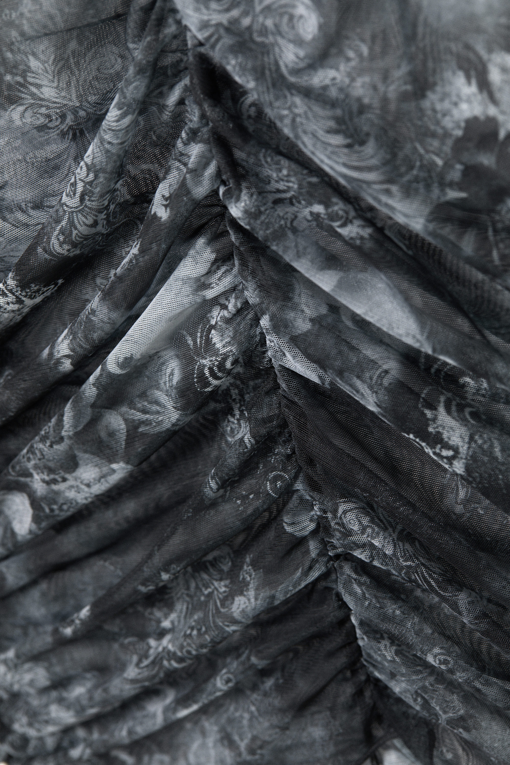 Black Baroque Print - Sheer Gathered Mesh Top - 3