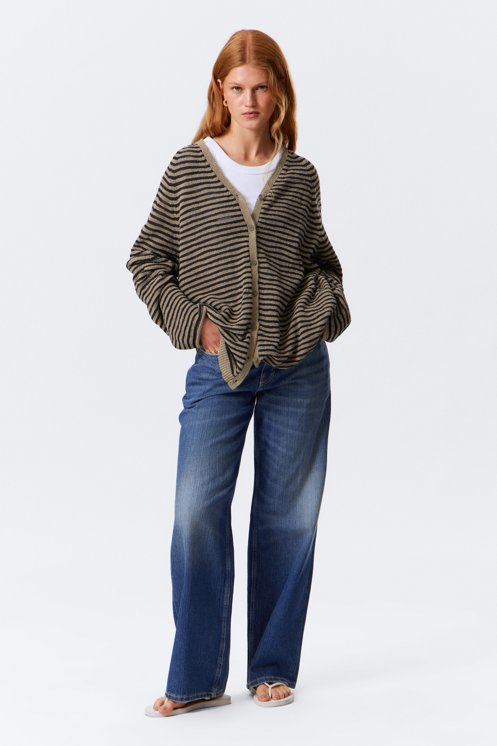 Beige - Black Stripe - Loose Knitted V-neck Cardigan - 2