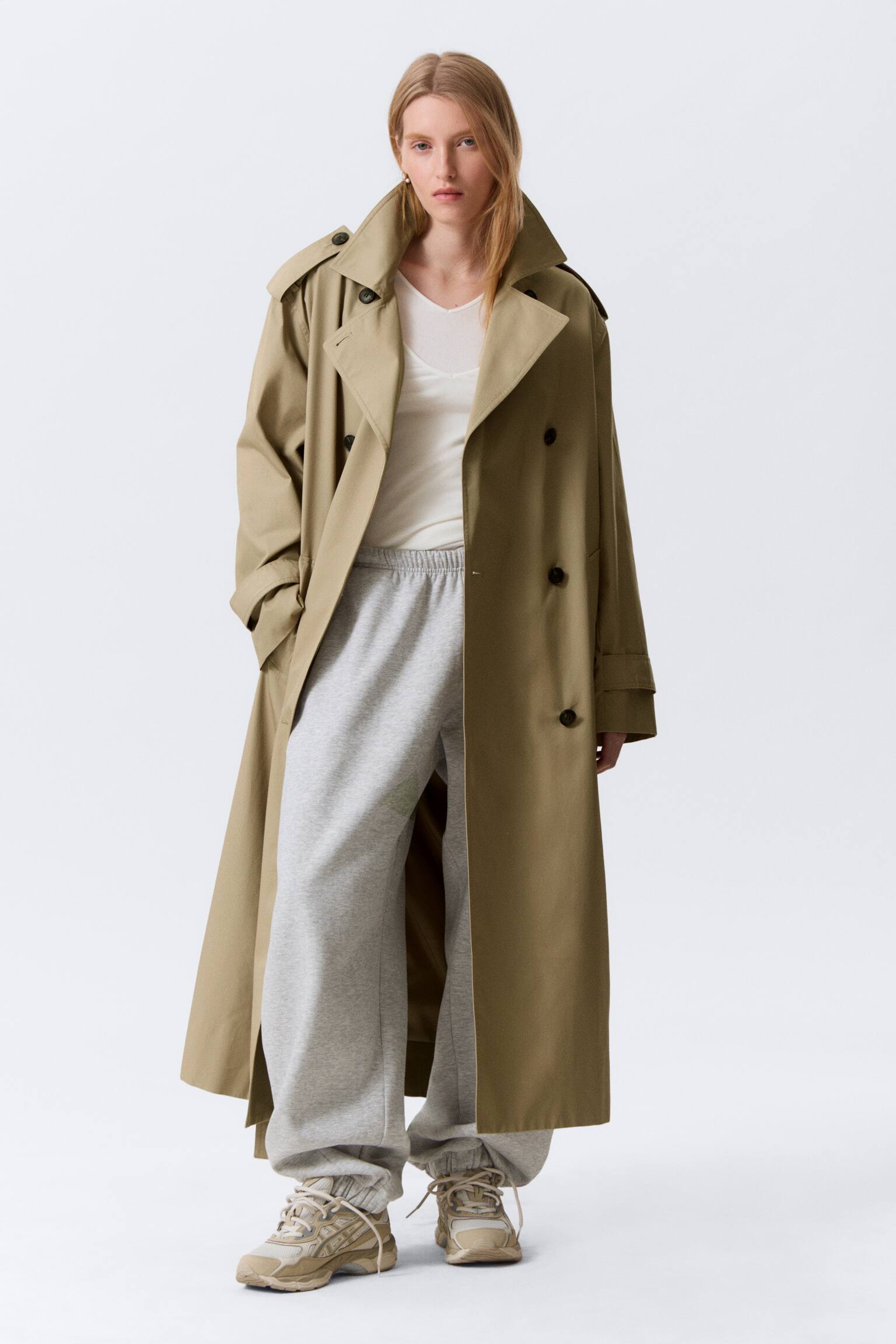 Oversized Double-Breasted Canvas Trench Coat - Beige/Dark Grey - 1