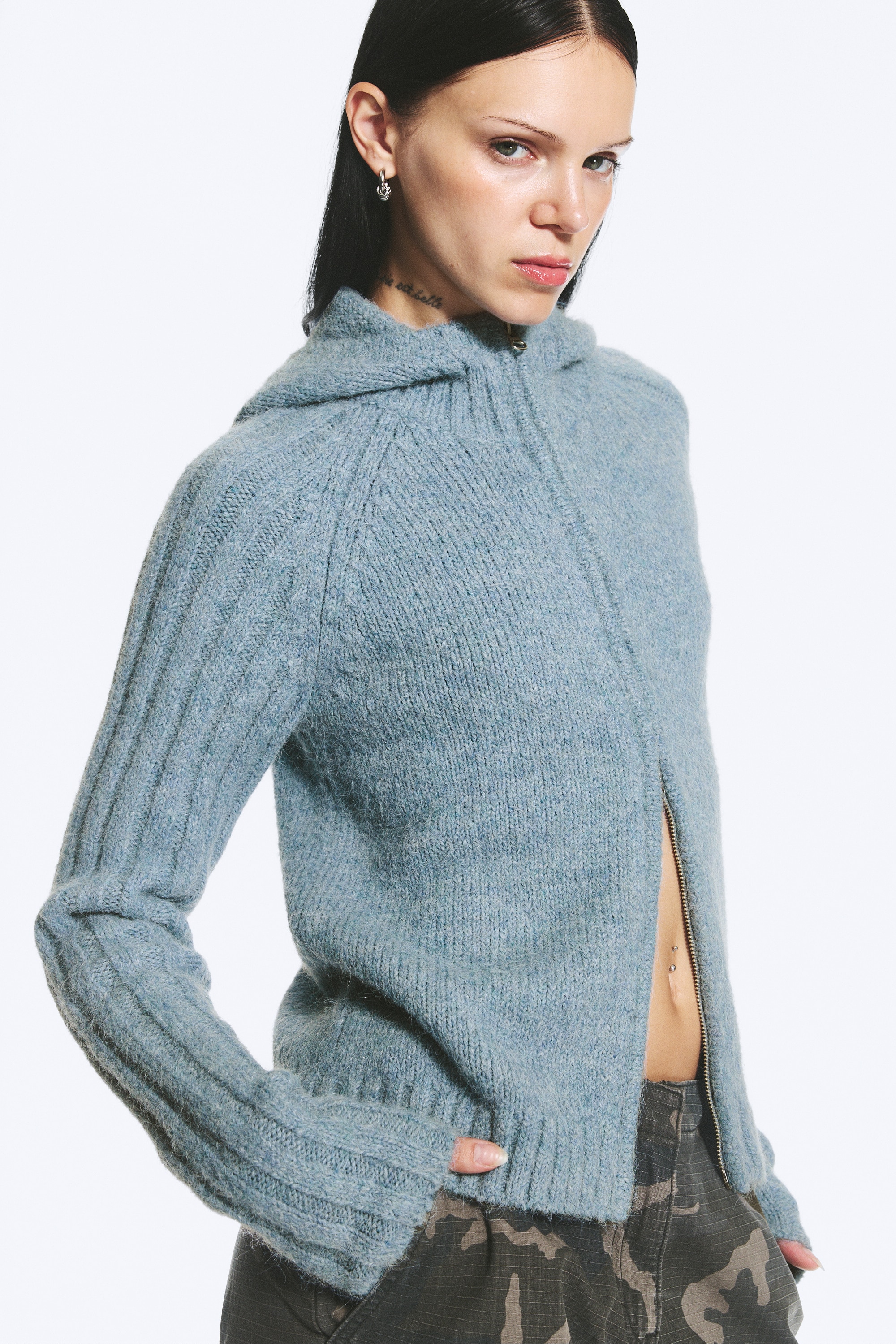 Gestrickter Zip-Hoodie - Taubenblau/Gedecktes Grau meliert/Dunkelbraun