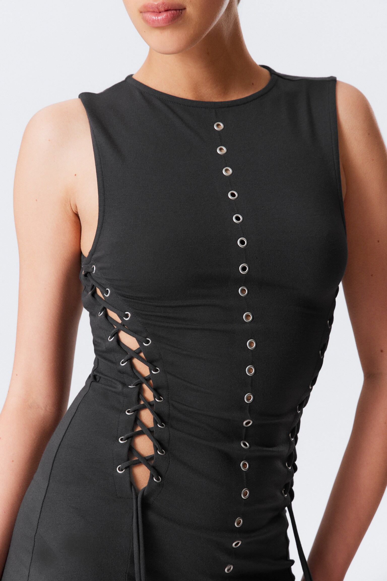 Eyelet Lace-Up Miniklänning - Mörkgrå - 6
