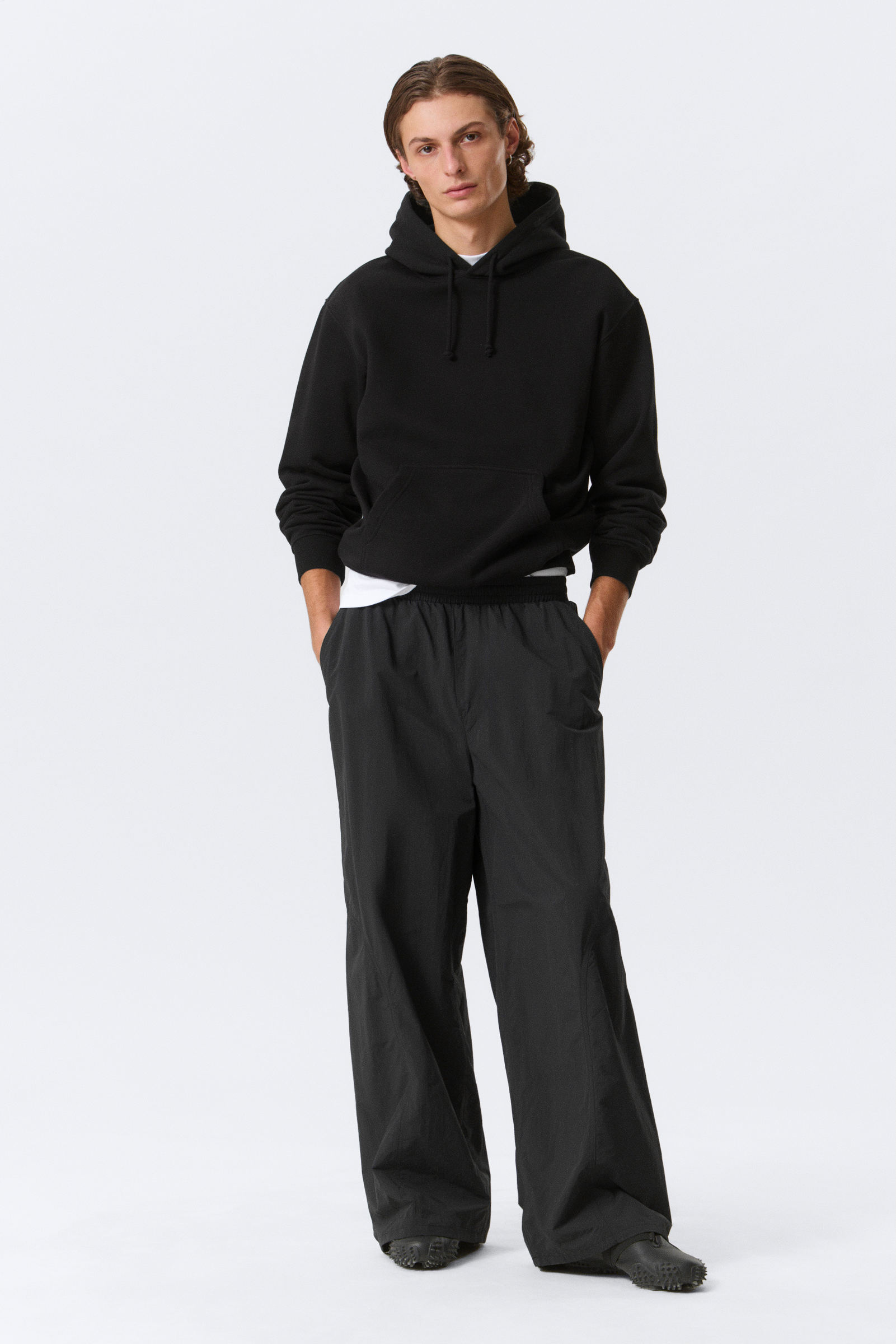 Mid Rise Loose Baggy Leg Nylon Trousers