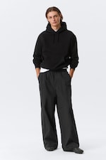 Black - Mid Rise Loose Baggy Leg Nylon Trousers - 0