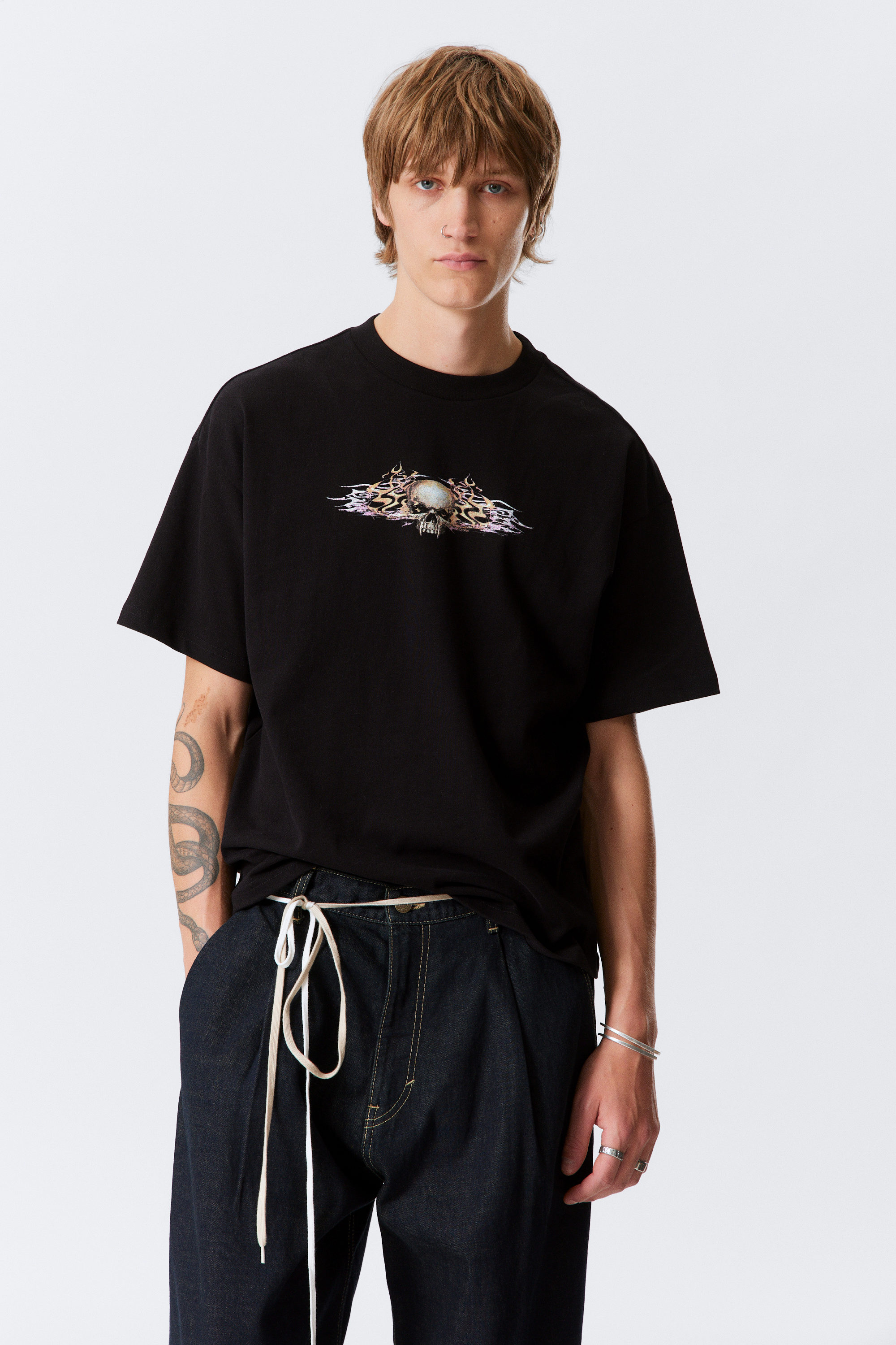 Black - Biker Skull - Great Boxy Printed Graphic Tee - 1