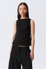 Black - Sleeveless Boat-Neck Tie Top - 0