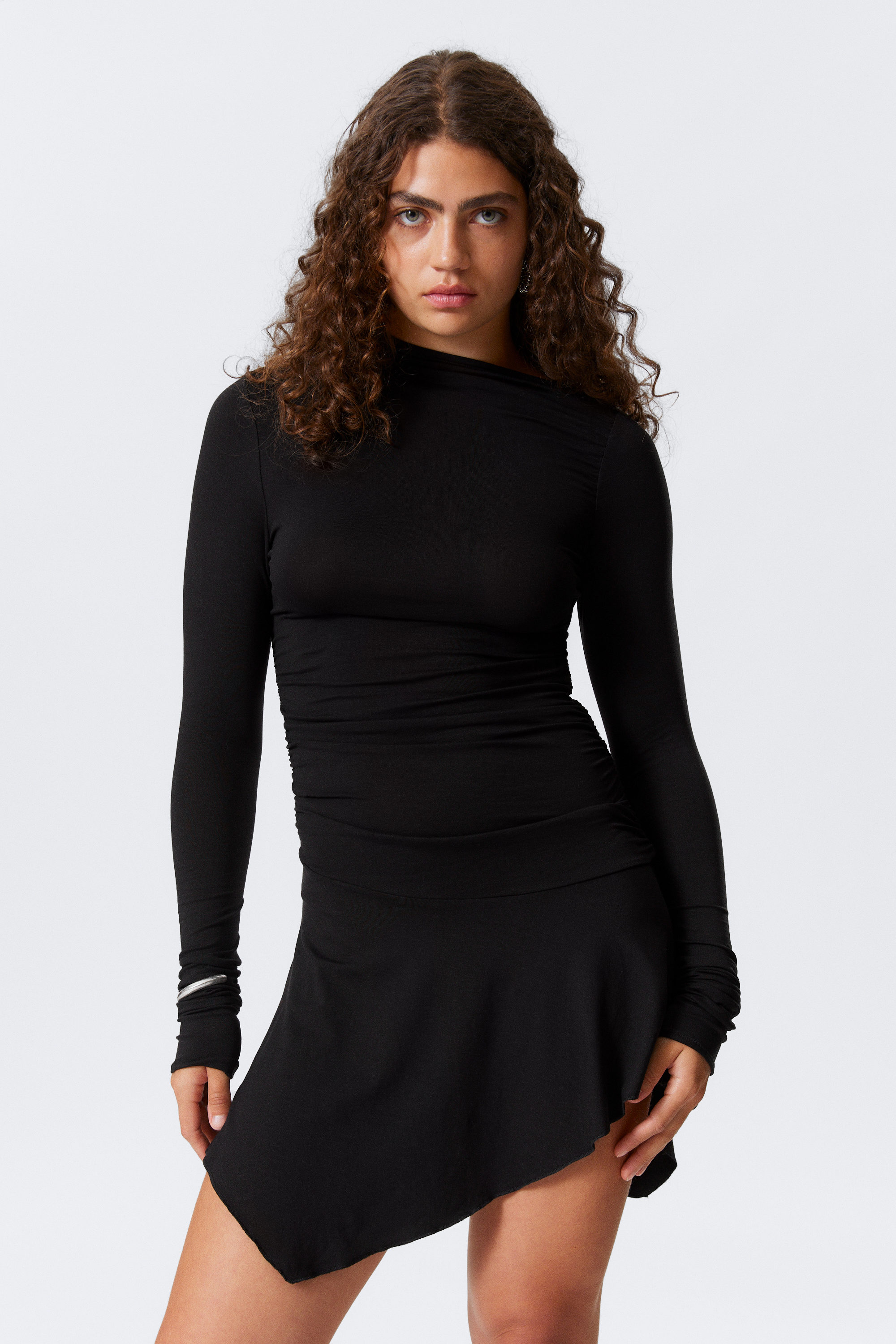 Black - Asymmetric Draped Mini Dress - 2