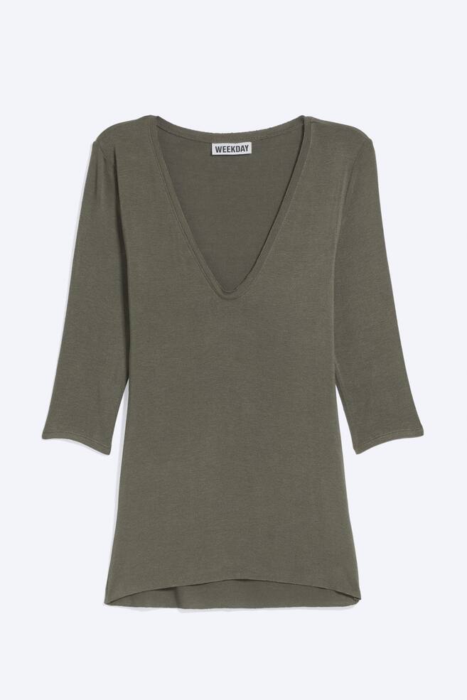 Camiseta de manga tres cuartos con escote en V profundo - Verde caqui empolvado/Negro/Beige claro empolvado - 1