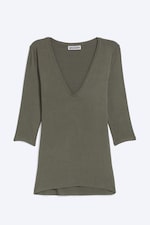 Dusty Khaki Green - Deep V-neck three-quarter sleeve top - 0