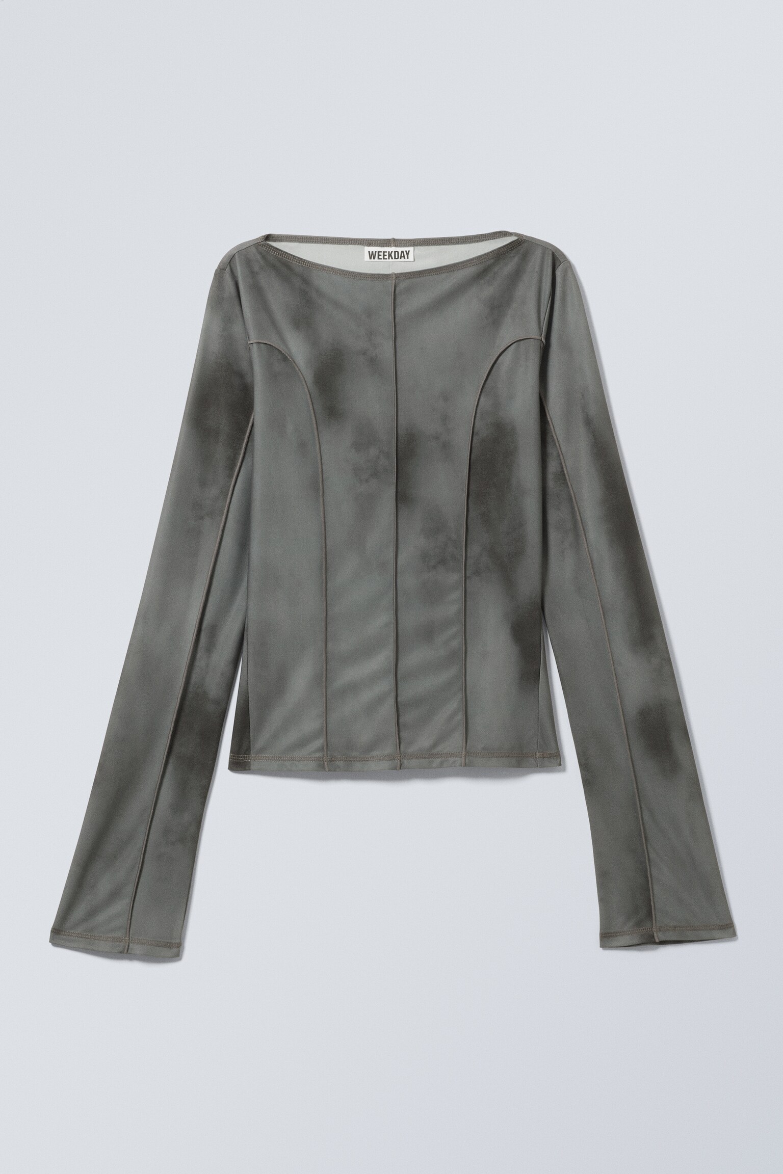 Printed Long-Sleeved Boat-neck Top - Blurred Dark Grey