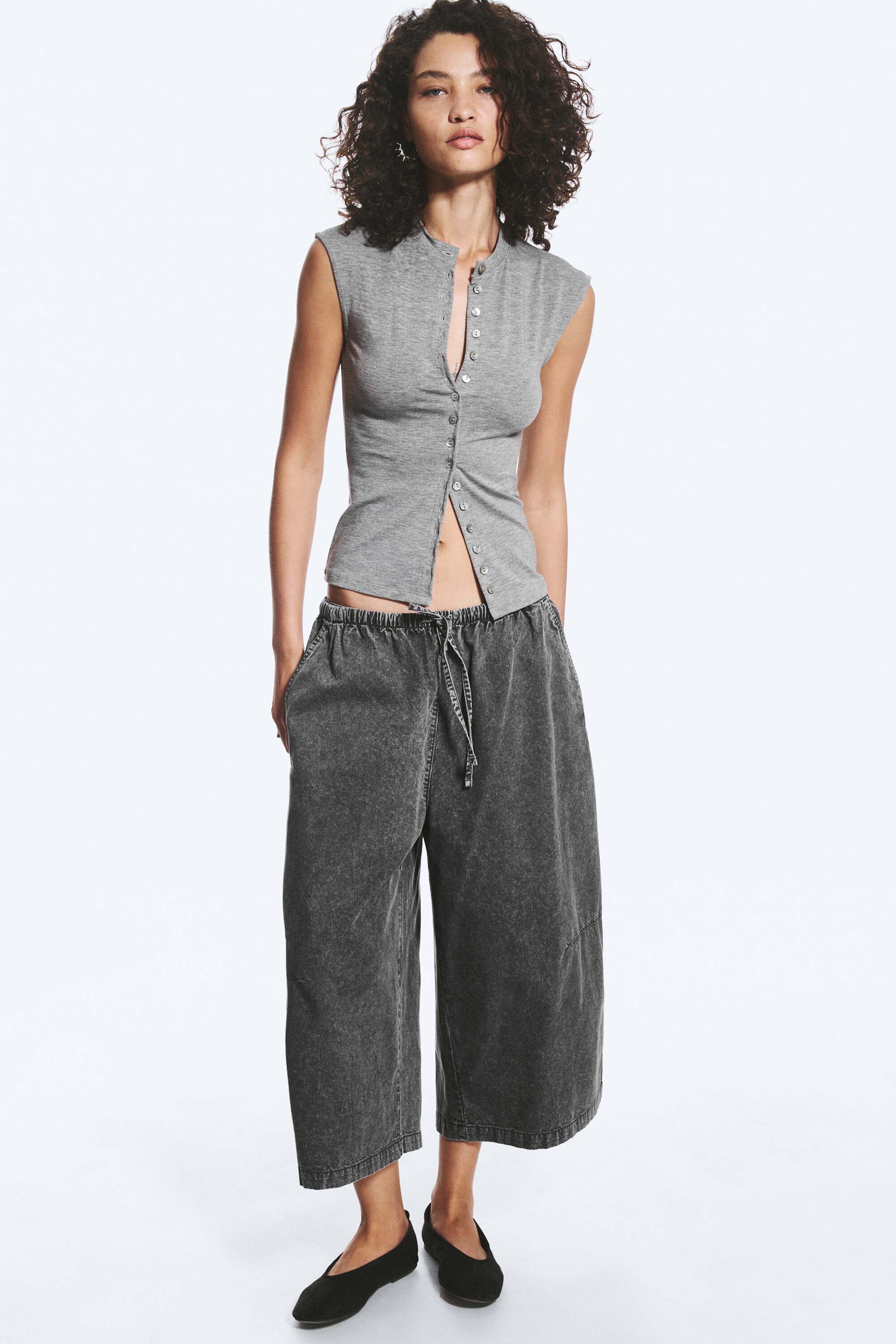 Dusty Grey Melange - Pearl Button Up Top - 2