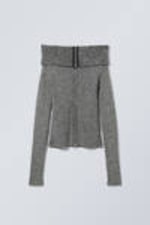 Two-Tone Grey - Vanna Off Shoulder Zip Cardigan - 0