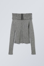 Two-Tone Grey - Vanna Off Shoulder Zip Cardigan - 0