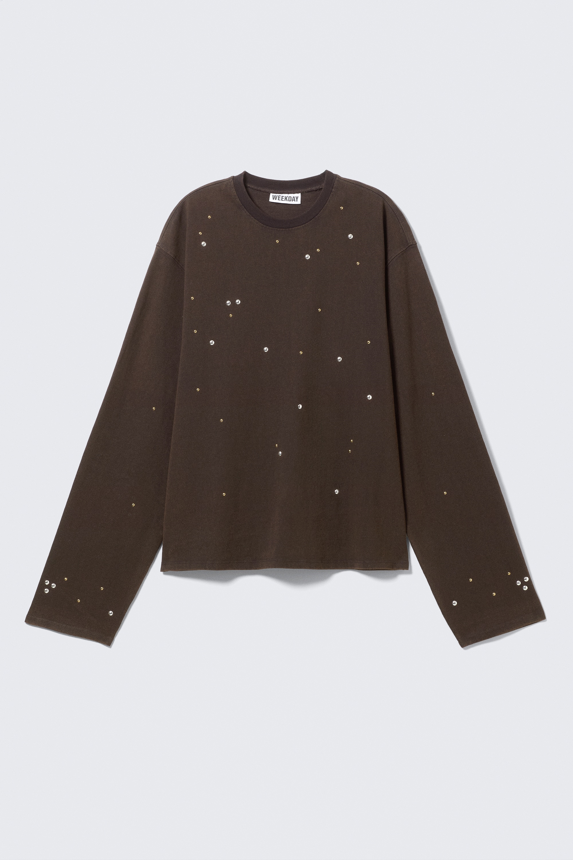 T-shirt Oversized de Manga Comprida com Tachas - Castanho-escuro