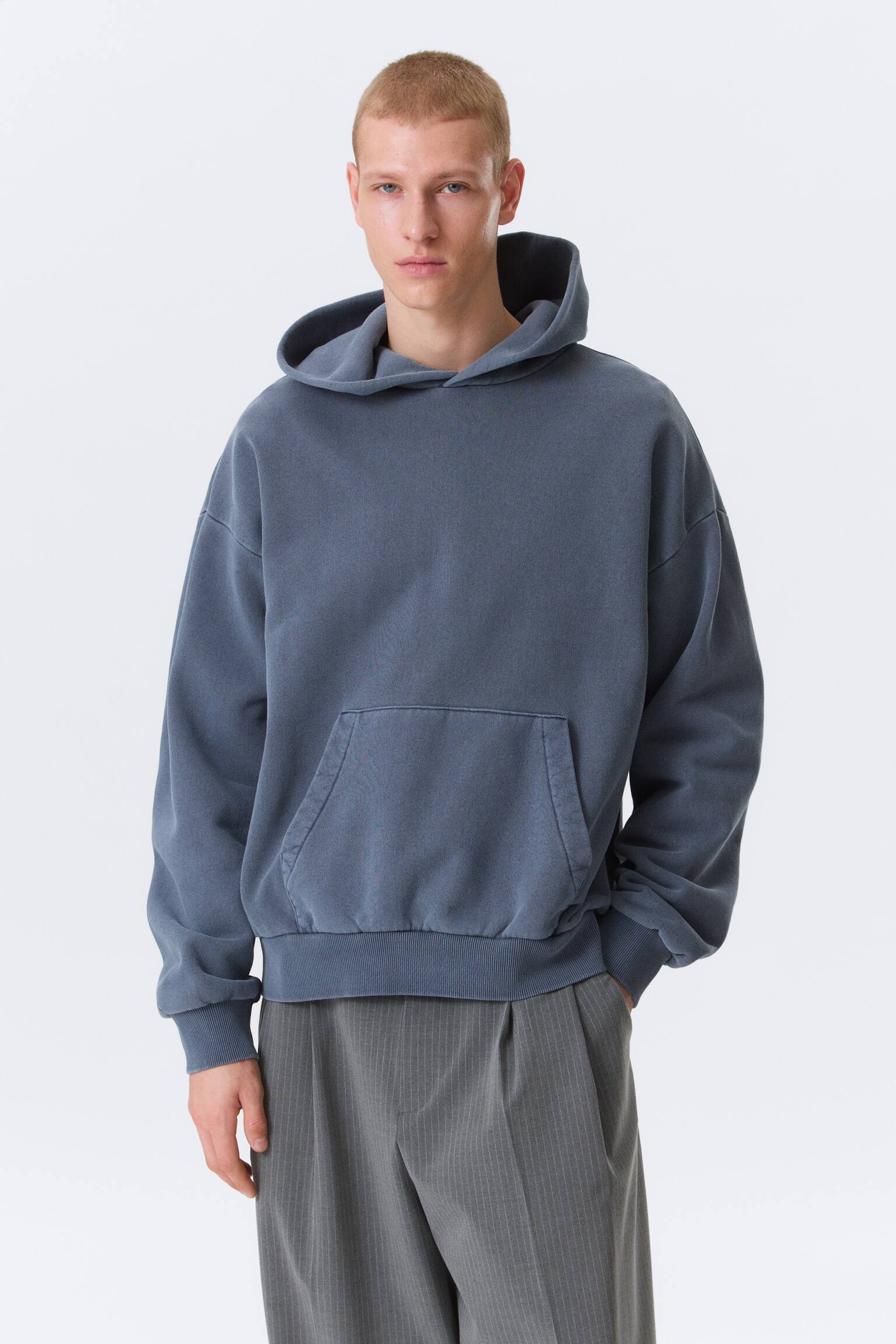 Sweat à capuche ample en coton lourd-Bleu foncé délavé - 6