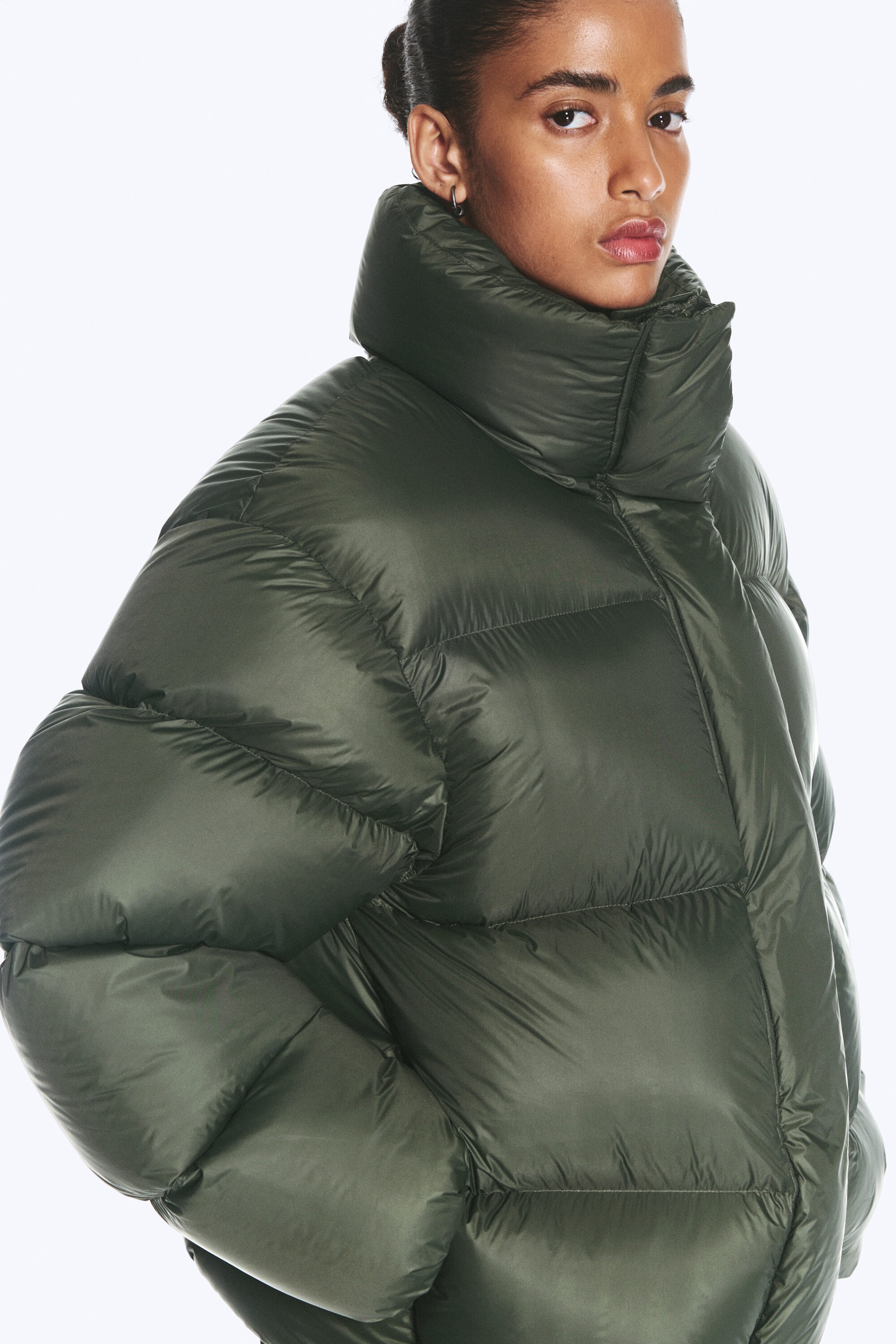 Dark Khaki Green - Oversized Recycled Down Puffer Jacket - 1