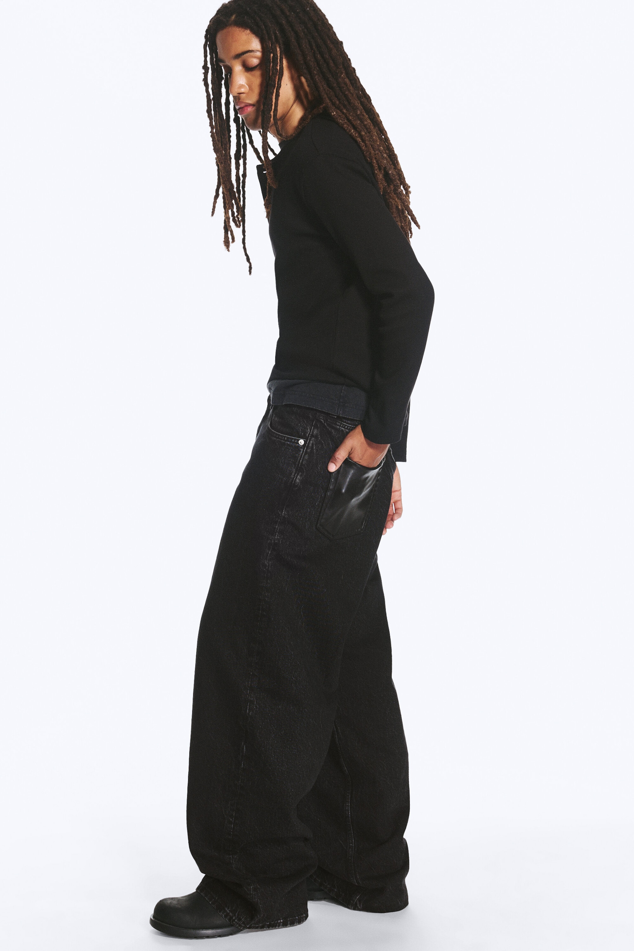 Black Rinse - Black - Astro Mid Rise Baggy Faux Leather Pocket Jeans - 1