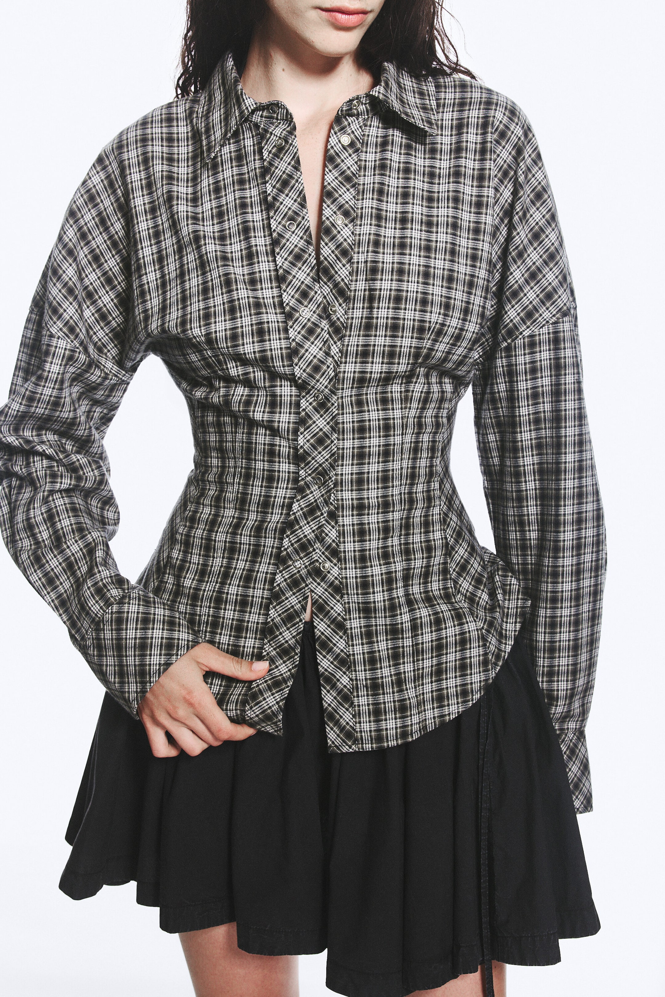 Checked Black/Grey - Waisted A-Line Shirt - 2