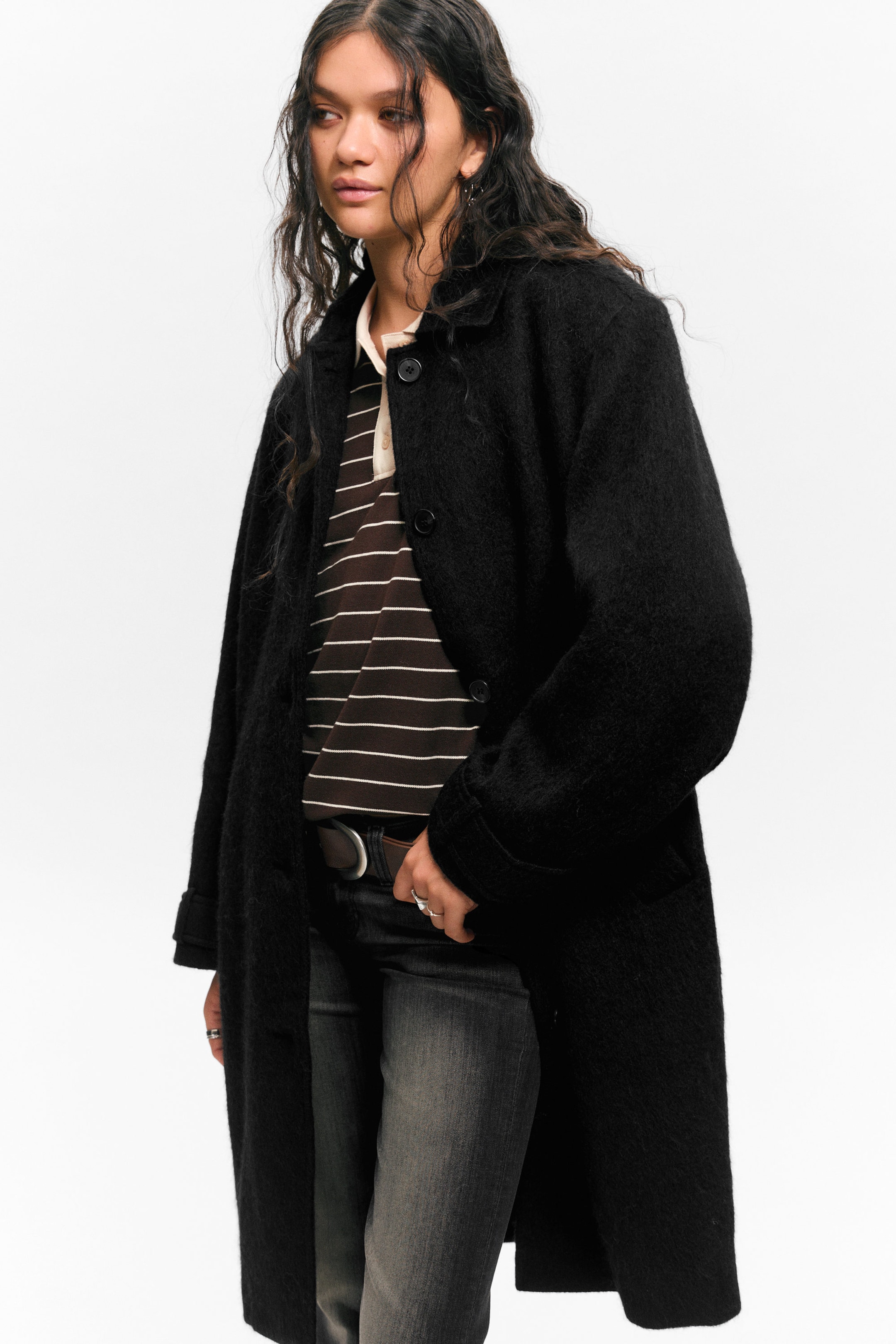 Black - Knee-Length Single-Breasted Coat - 2