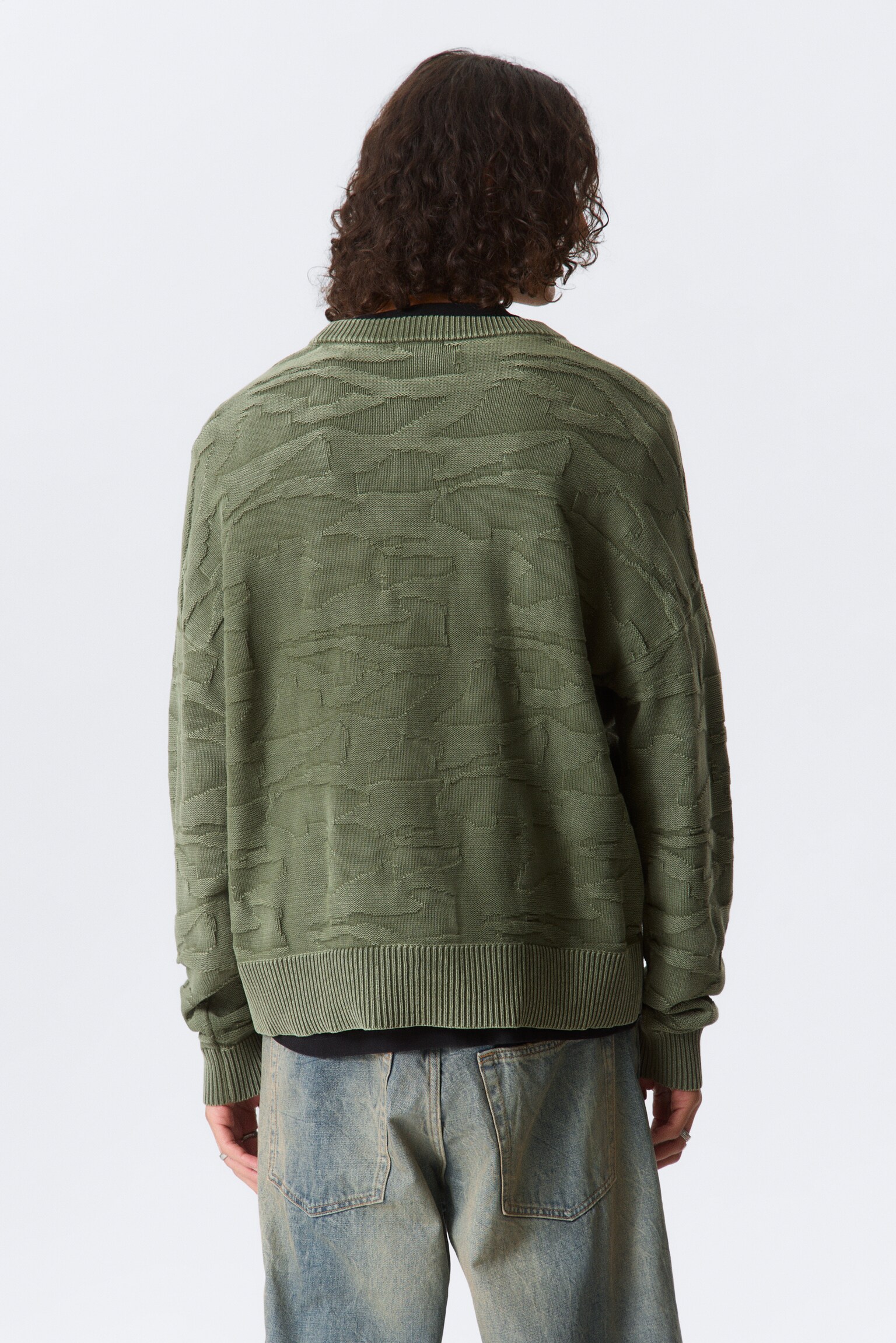 Oversized Graphic Cotton Knit Sweater - Structured Dark Green/Black/Black - 3