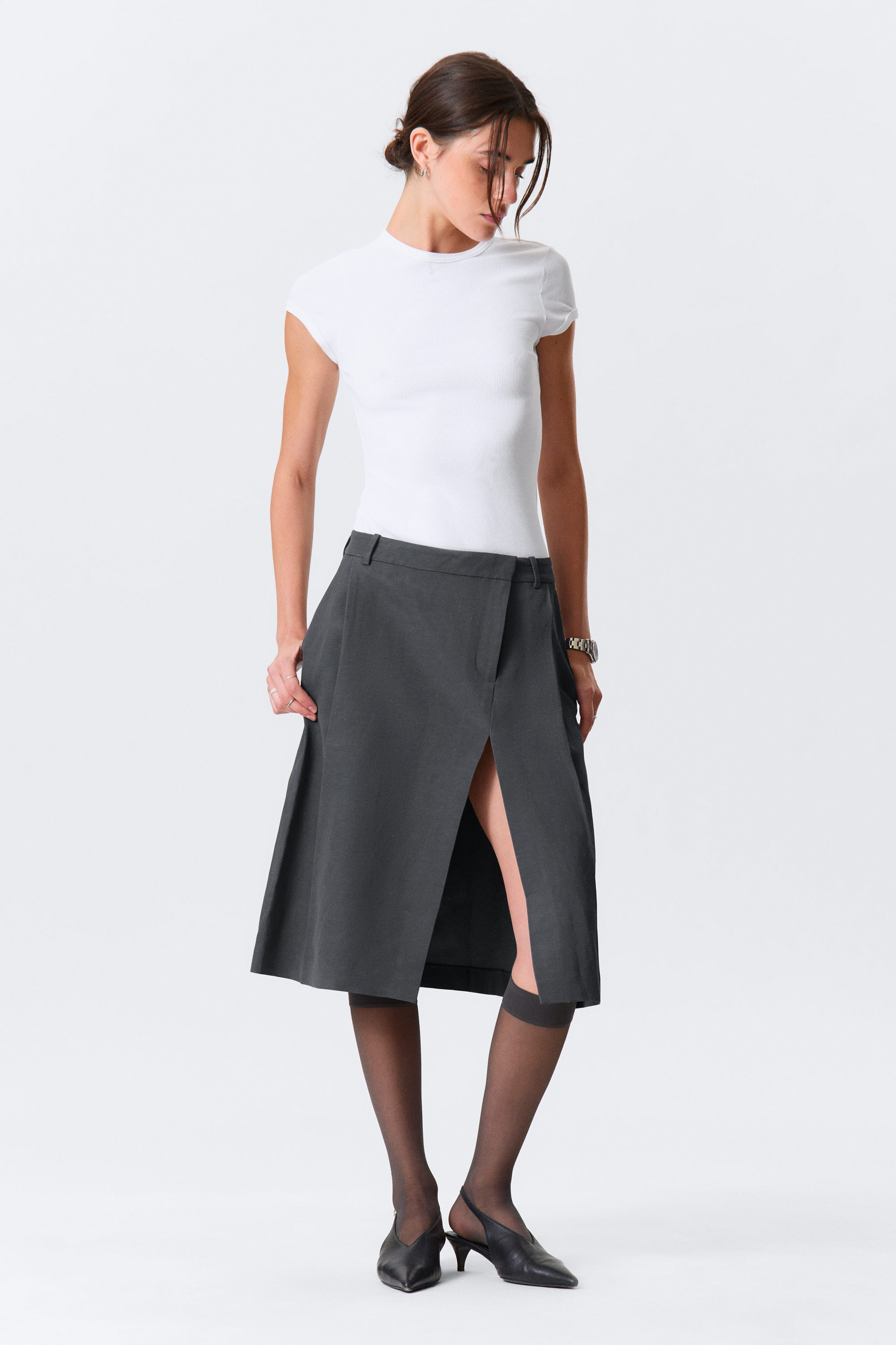 Dark Grey - Asymmetric Linen-Blend Suiting Skirt - 2