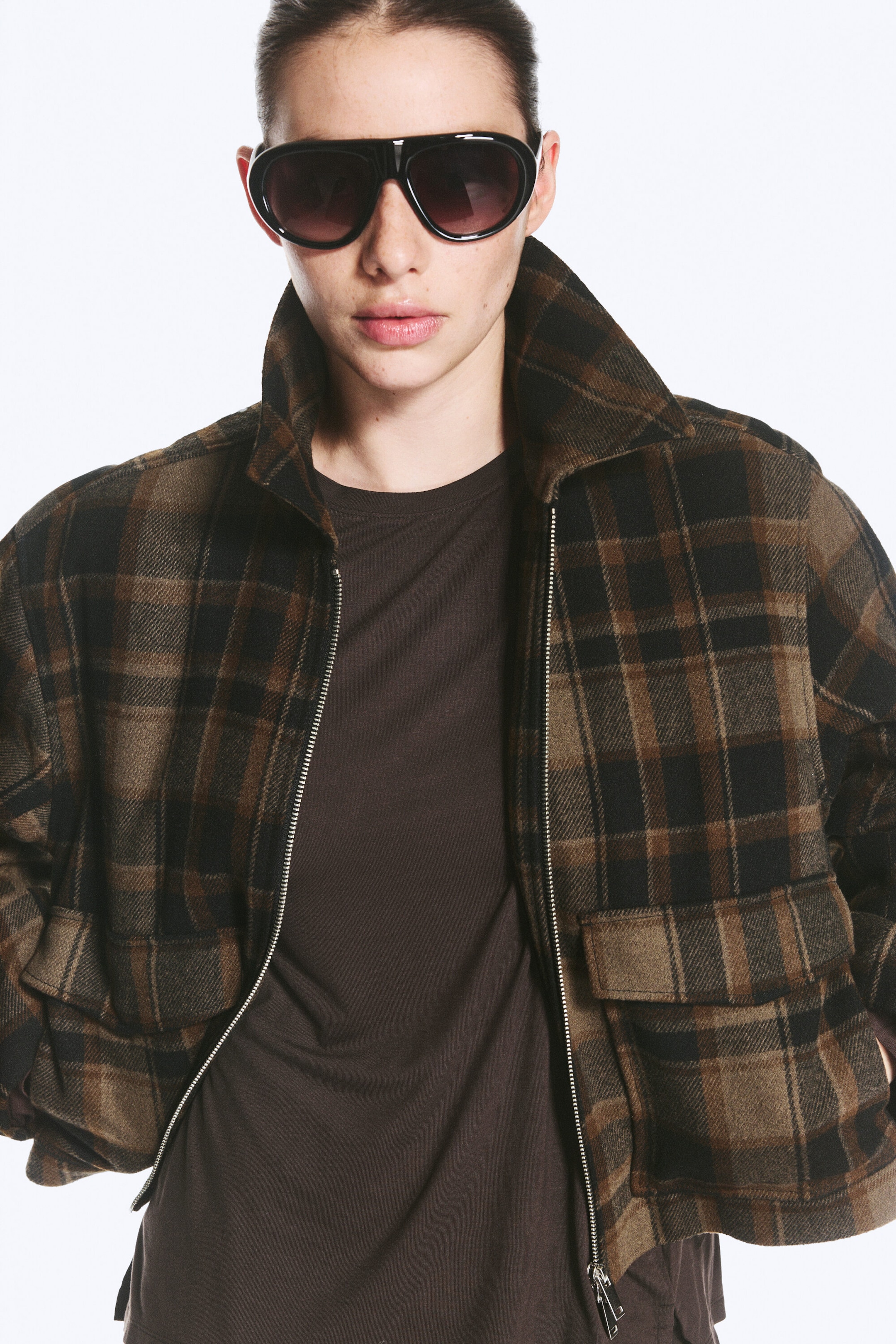 Dark Brown Check - Cropped Boxy Zip Jacket - 2