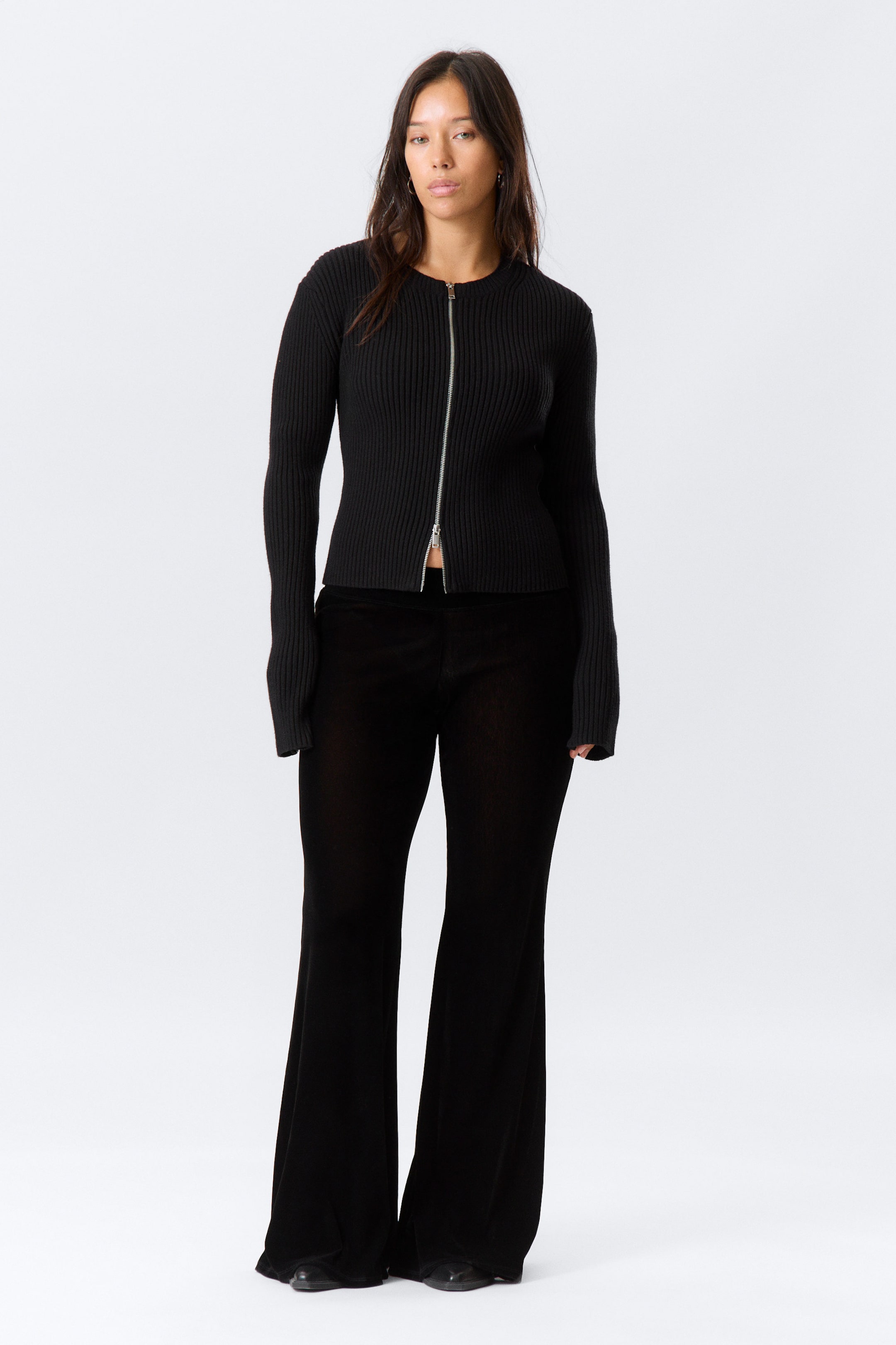Black - Low Rise Flared Velvet Mesh Trousers - 1
