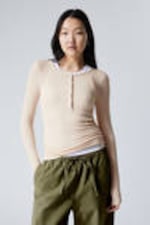 Light Beige - Sheer Rib Long Sleeve Henley Top - 0