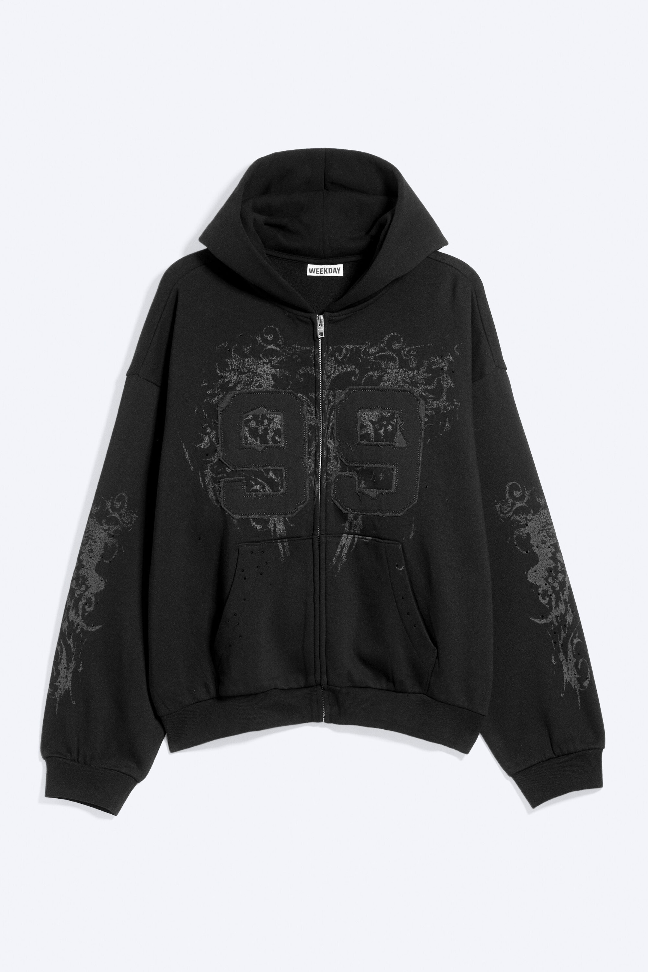 Black - 99 - Weiter Hoodie mit Reißverschluss und Print - 0