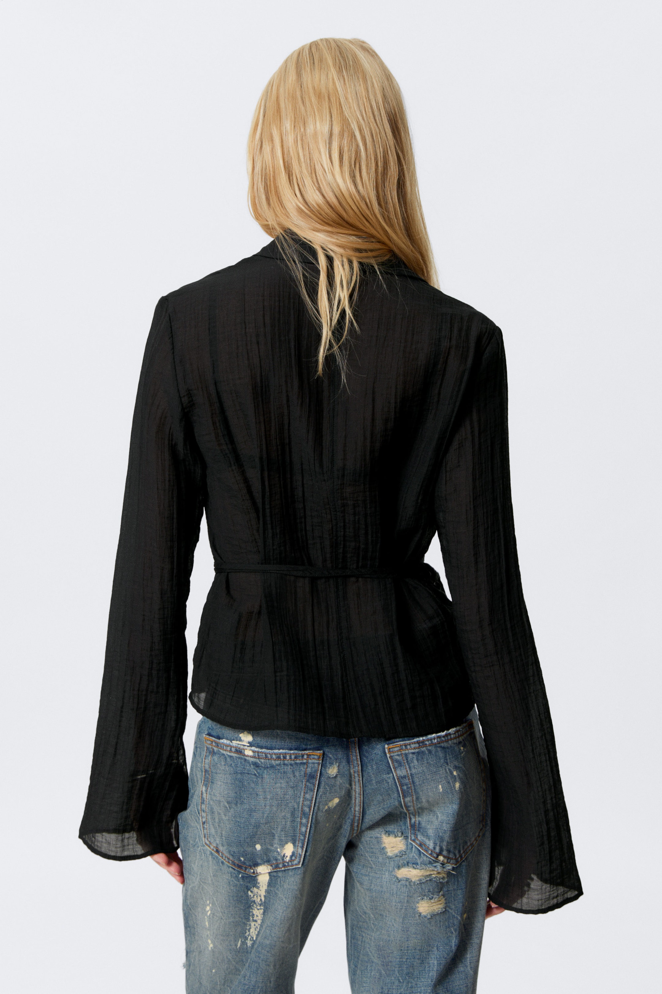 Transparent Black - Textured Long-Sleeved Wrap Shirt - 3