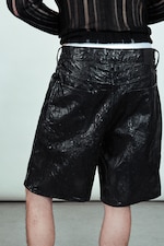 Black - Loose Low Rise Coated Denim Shorts - 4
