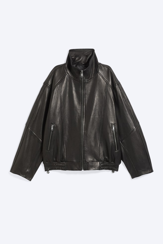 Chaqueta de cuero oversize con cuello de embudo - Negro - 1