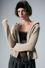 Beige - Boxy Knitted Zip Hoodie - 0