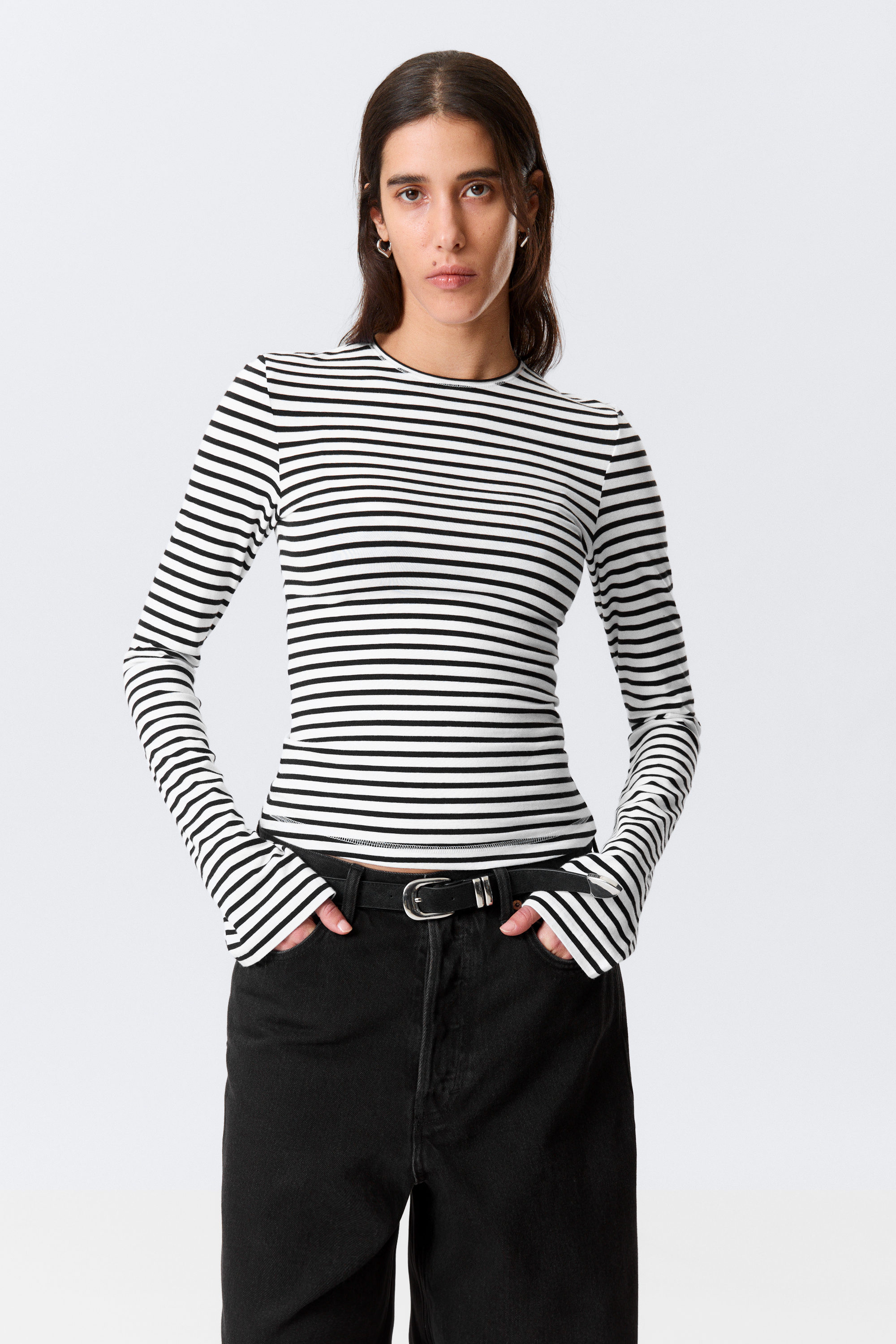 Randig Svart/Vit - Långärmad topp i bomull - 1