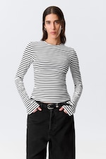 White - Black Stripes - Long Sleeve Cotton Top - 0