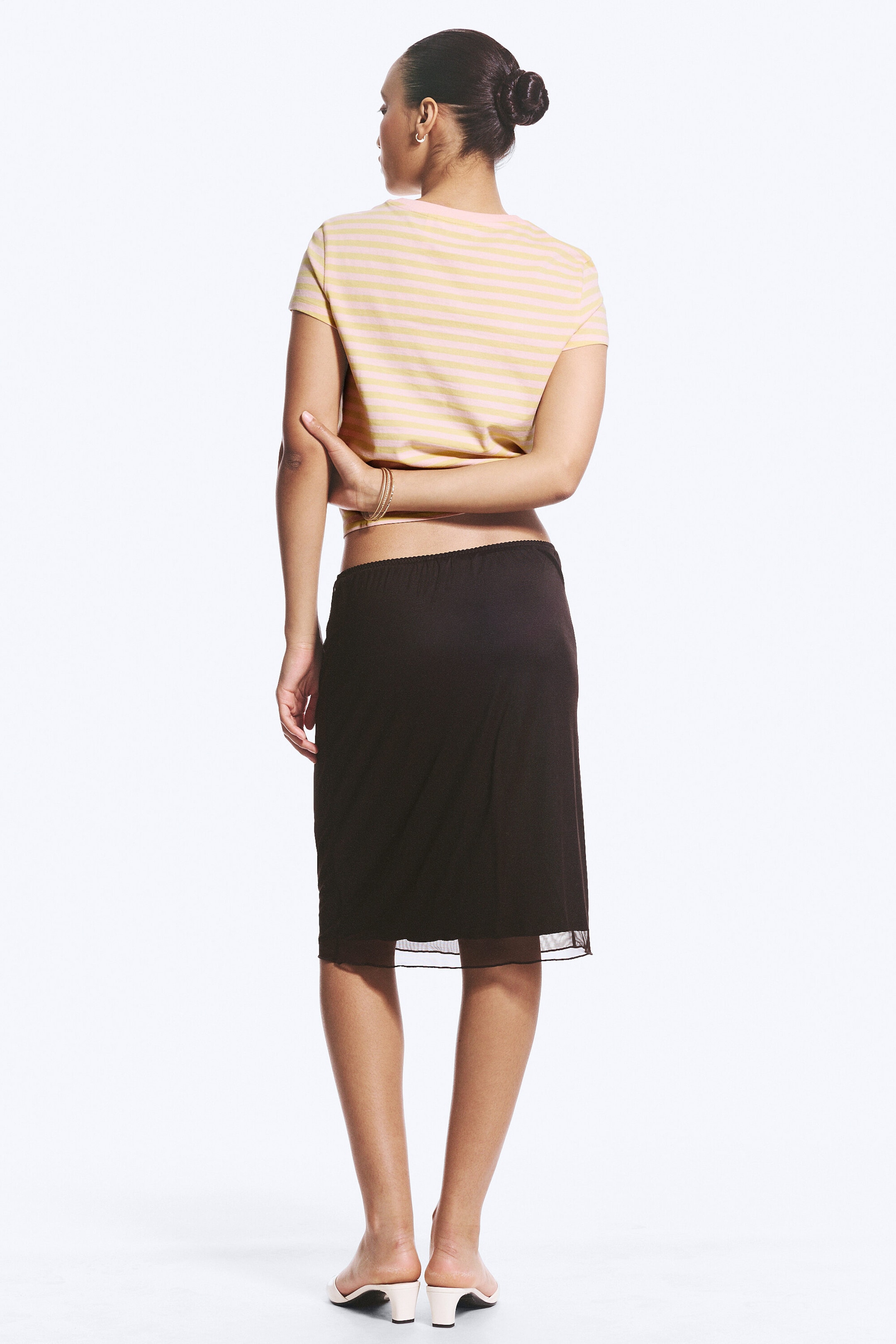 Dark Brown - Layered Mesh Midi Skirt - 2